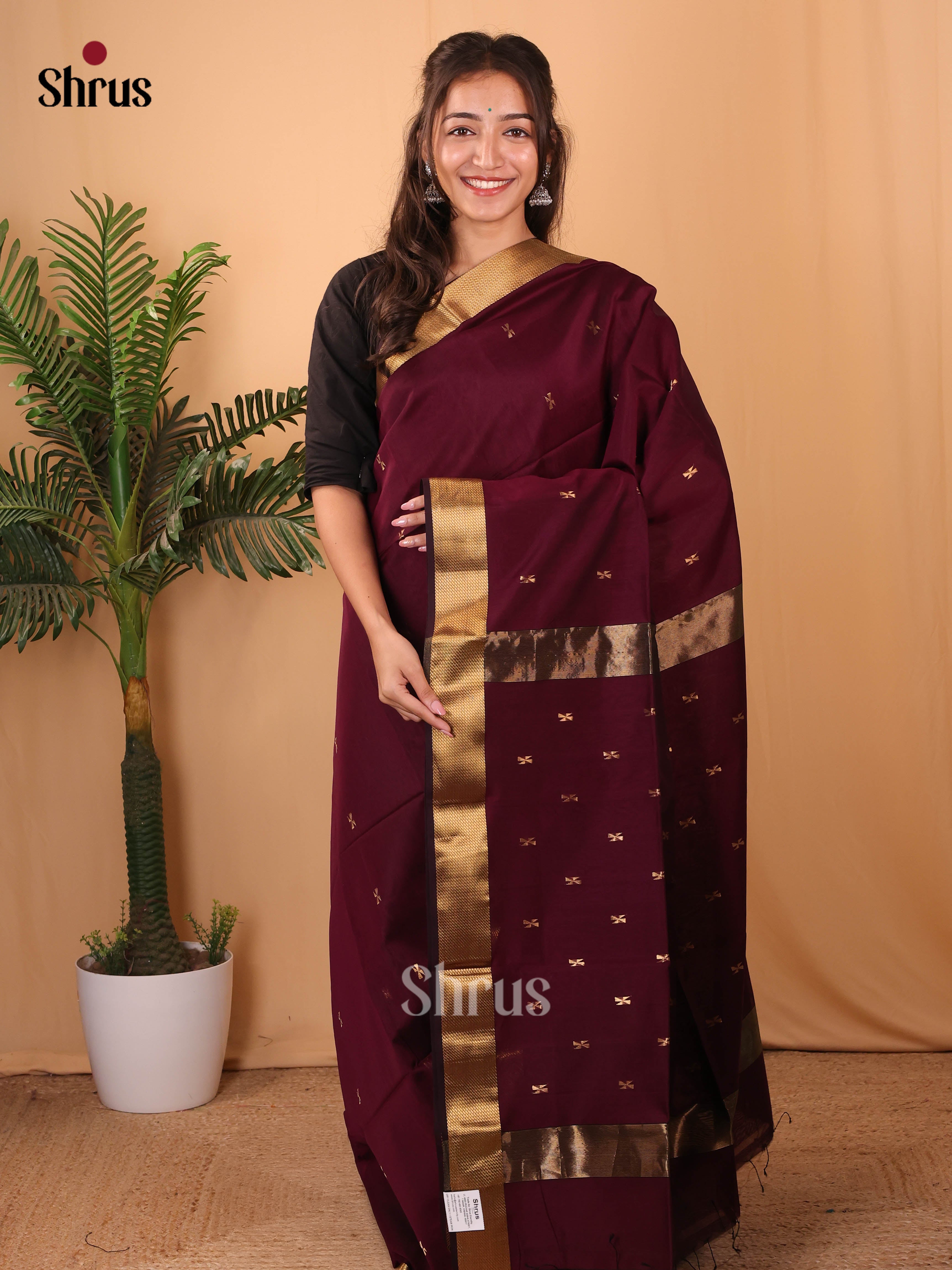 Wine(single Tone) - Maheshwari silkcotton Saree - Shop on Shrus.com