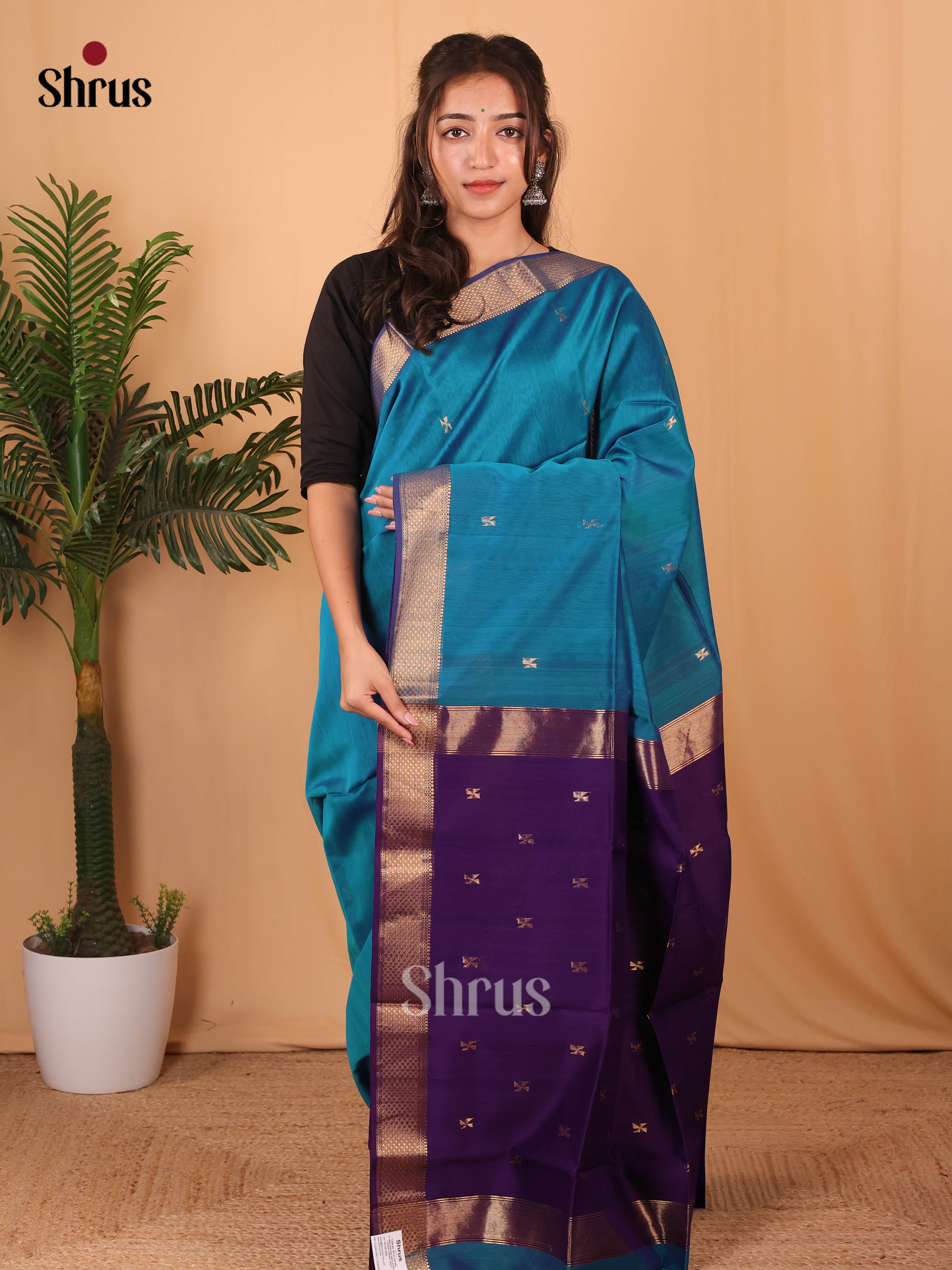 Blue & Violet - Maheshwari silkcotton Saree - Shop on Shrus.com