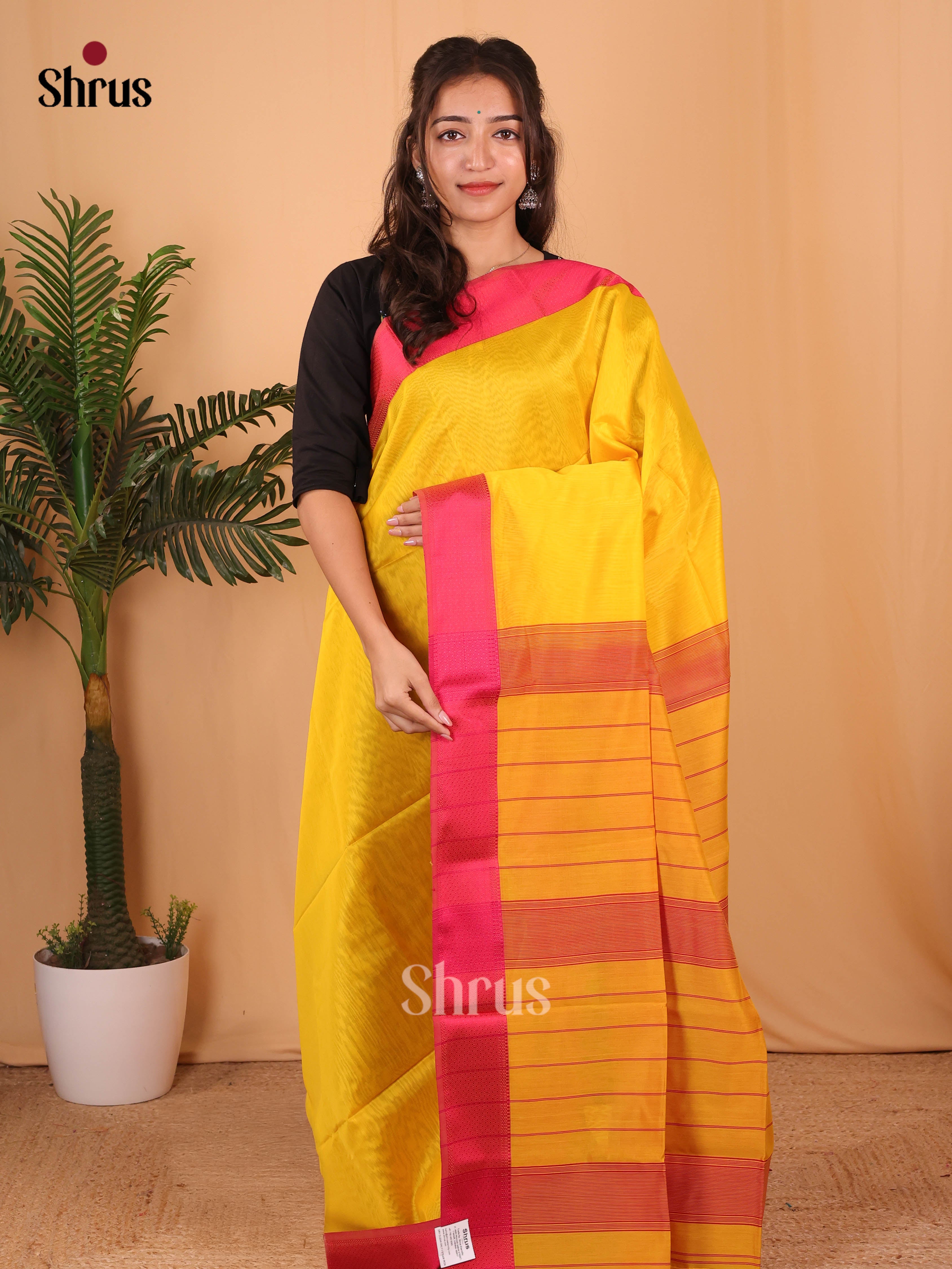 Yellow & Pink Maheshwari silkcotton Saree