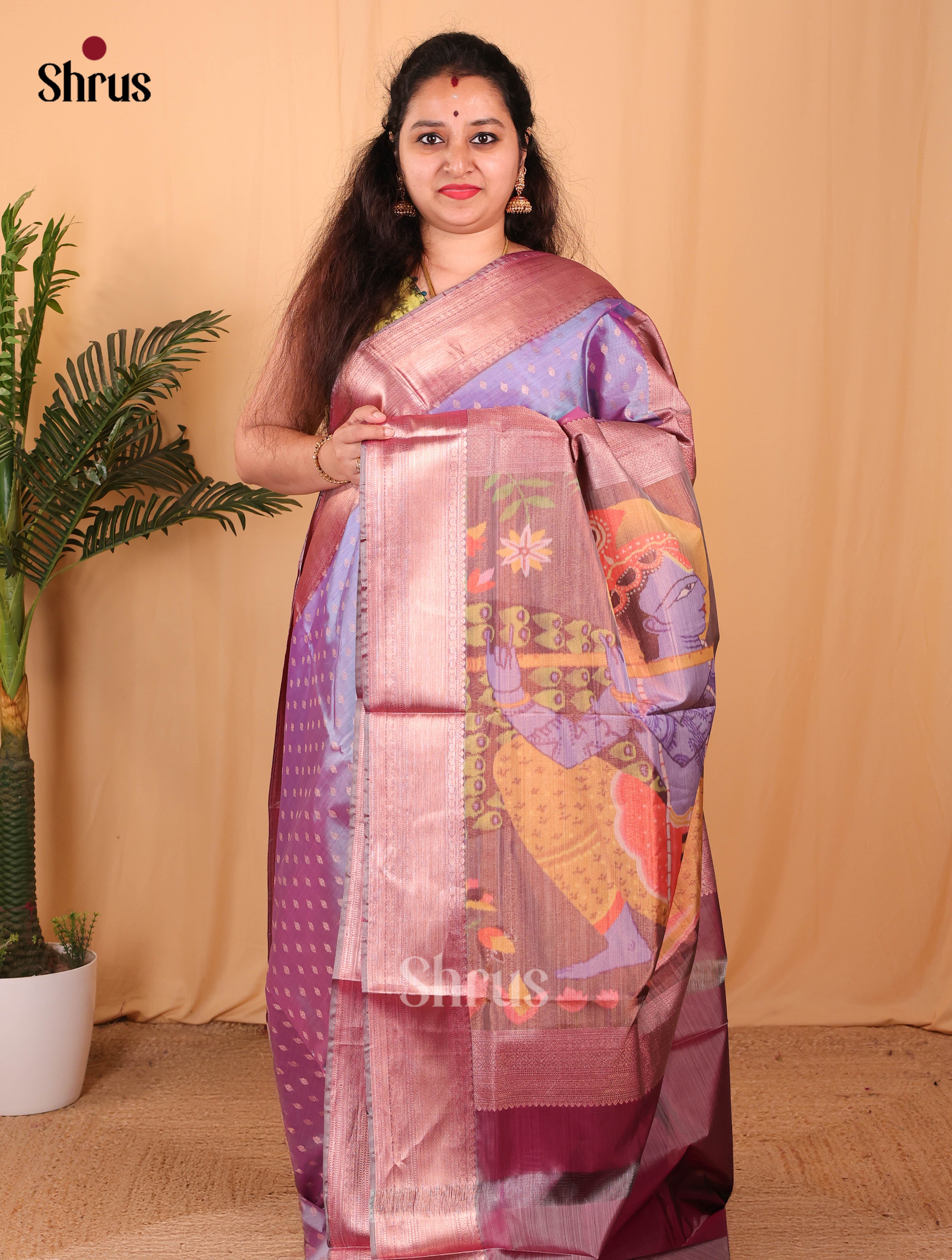 Blue & Purple- Kanchipuram-halfpure Saree - Shop on Shrus.com