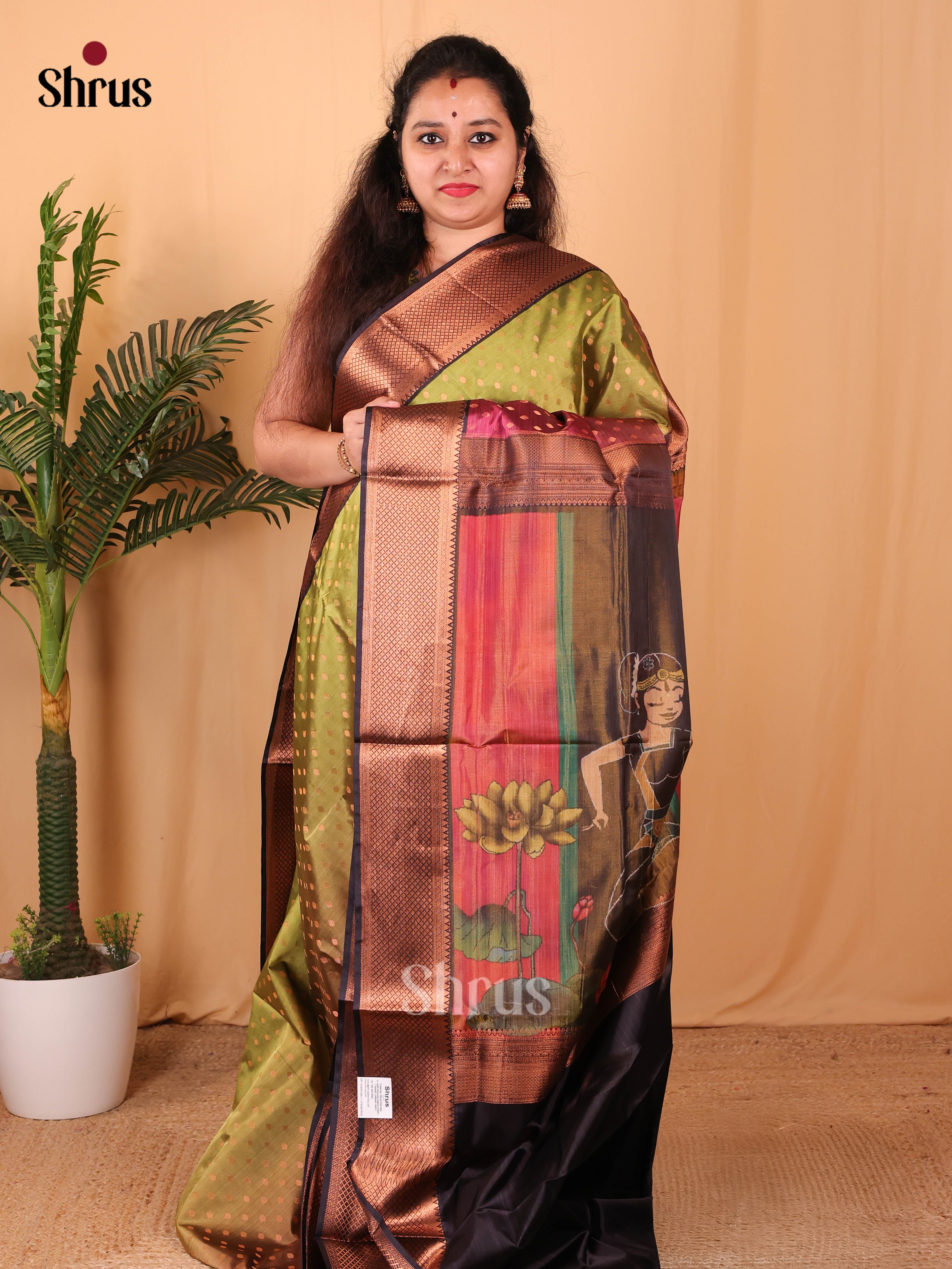 Green & Black- Kanchipuram-halfpure Saree - Shop on Shrus.com
