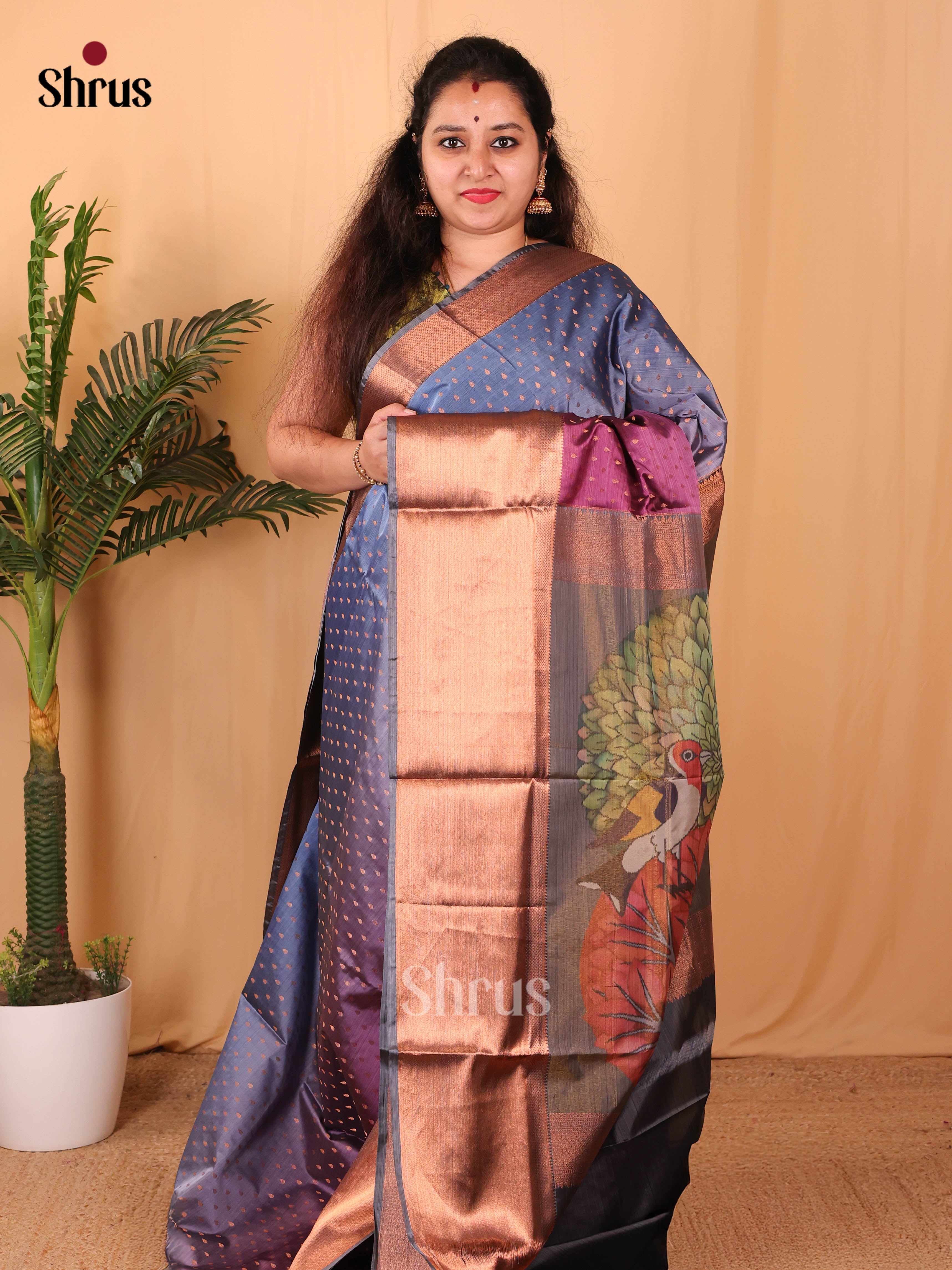 Blue & Maroon - Kanchipuram-halfpure Saree - Shop on Shrus.com