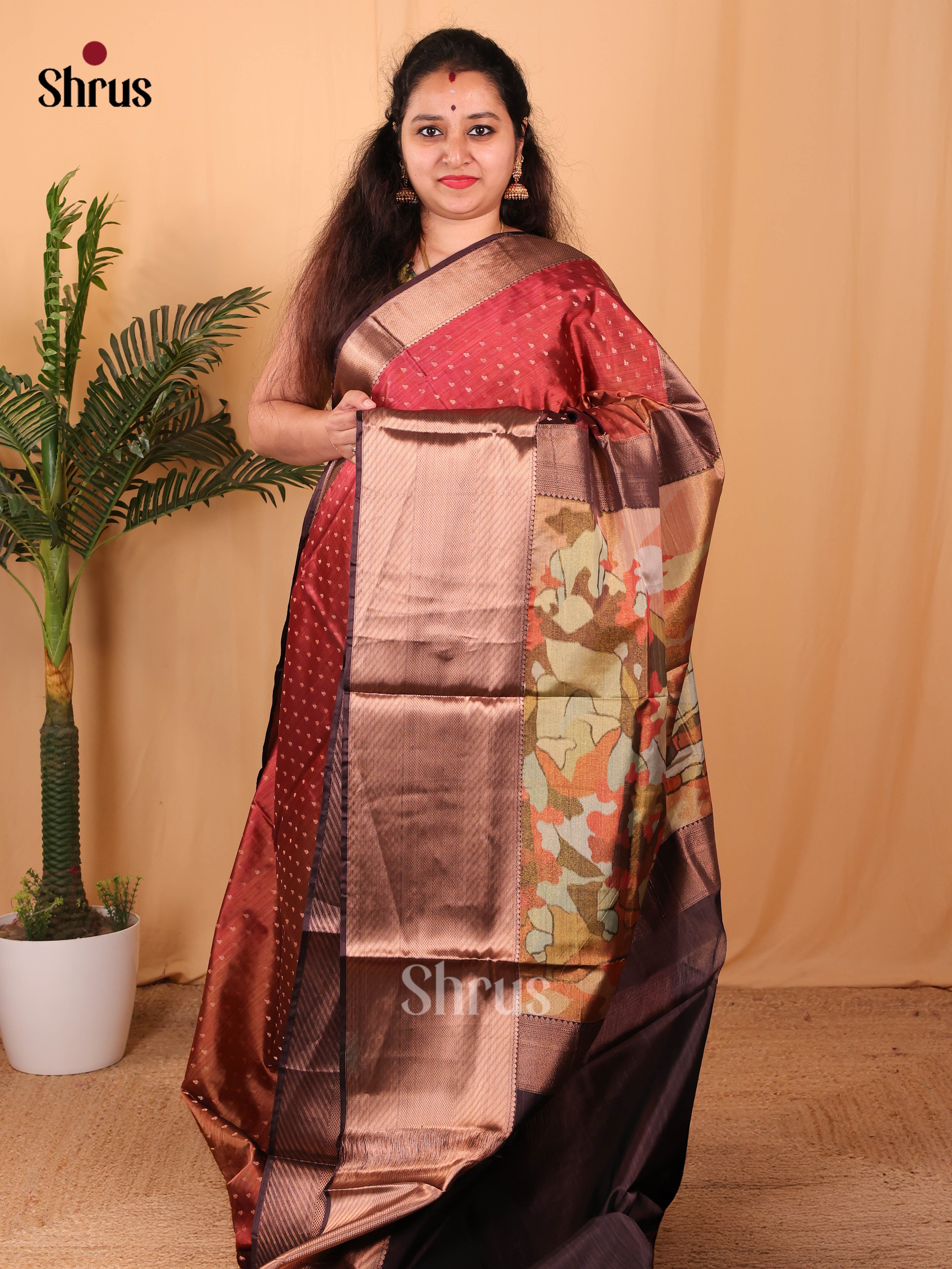 Red & Brown- Kanchipuram-halfpure Saree - Shop on Shrus.com