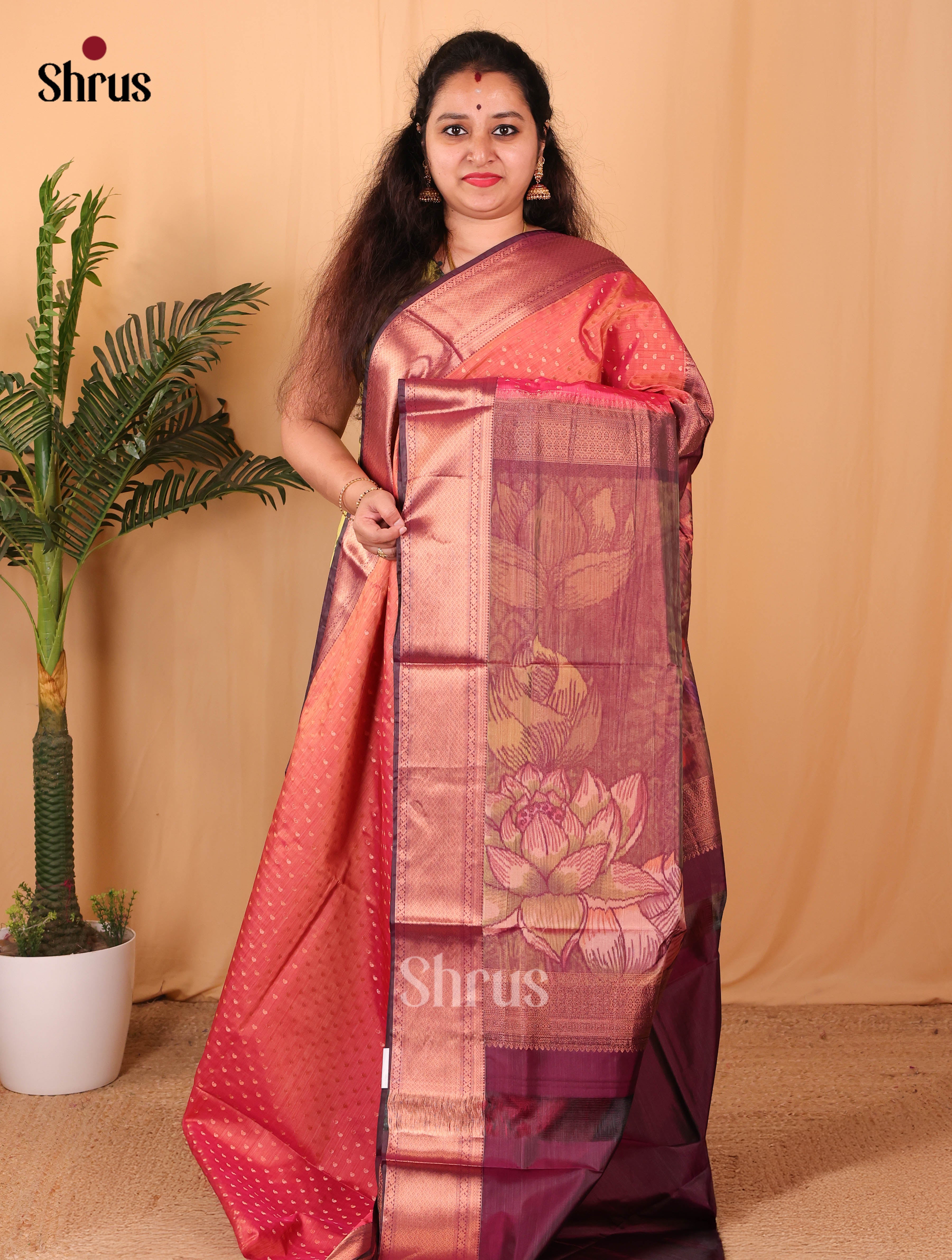 Orangish Pink & Maroon - Kanchipuram-halfpure Saree - Shop on Shrus.com