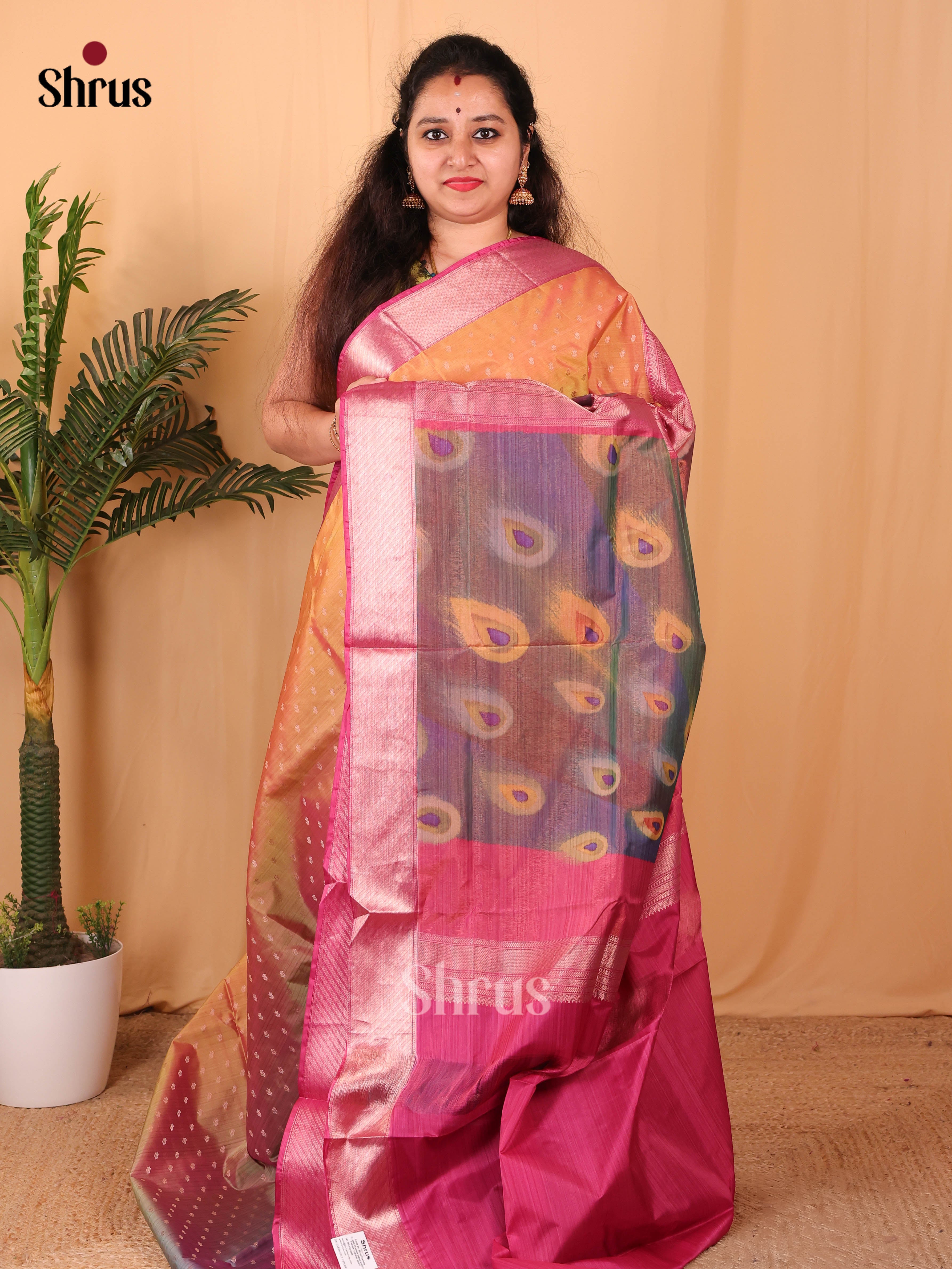 Orange & Blue - Kanchipuram-halfpure Saree - Shop on Shrus.com