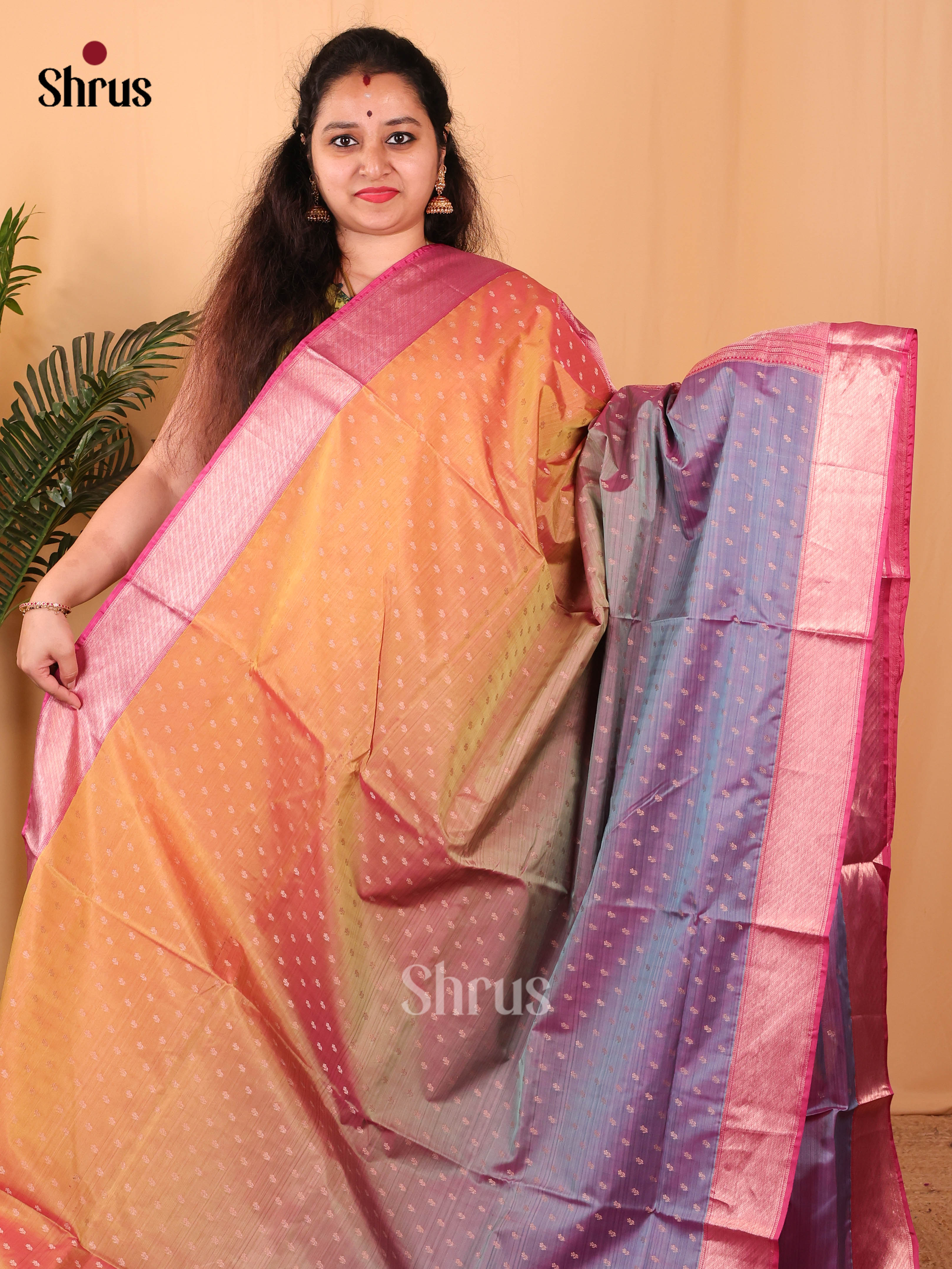 Orange & Blue - Kanchipuram-halfpure Saree - Shop on Shrus.com