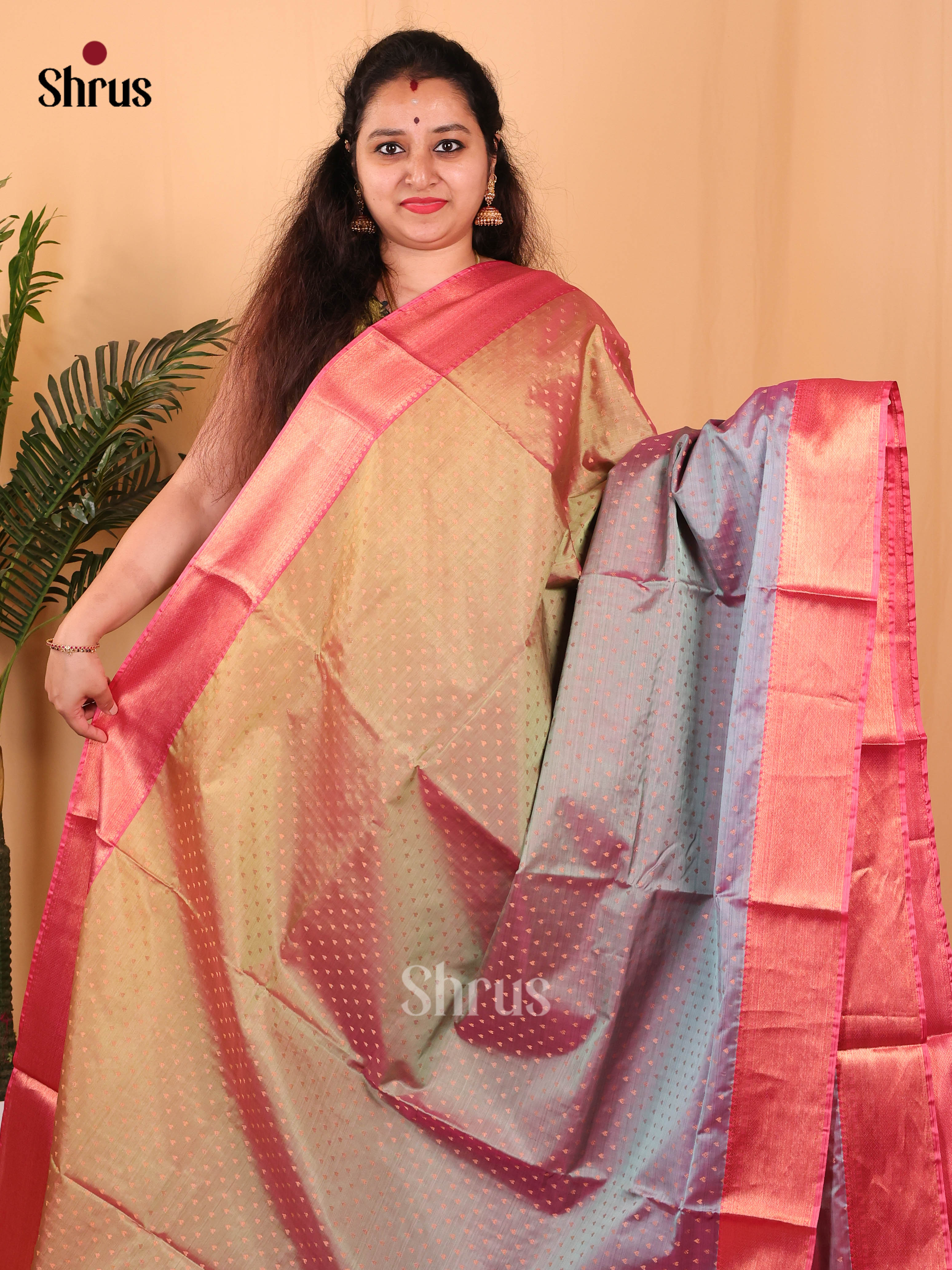Double Shaded Gold green & Pink - Kanchipuram-halfpure Saree - Shop on Shrus.com