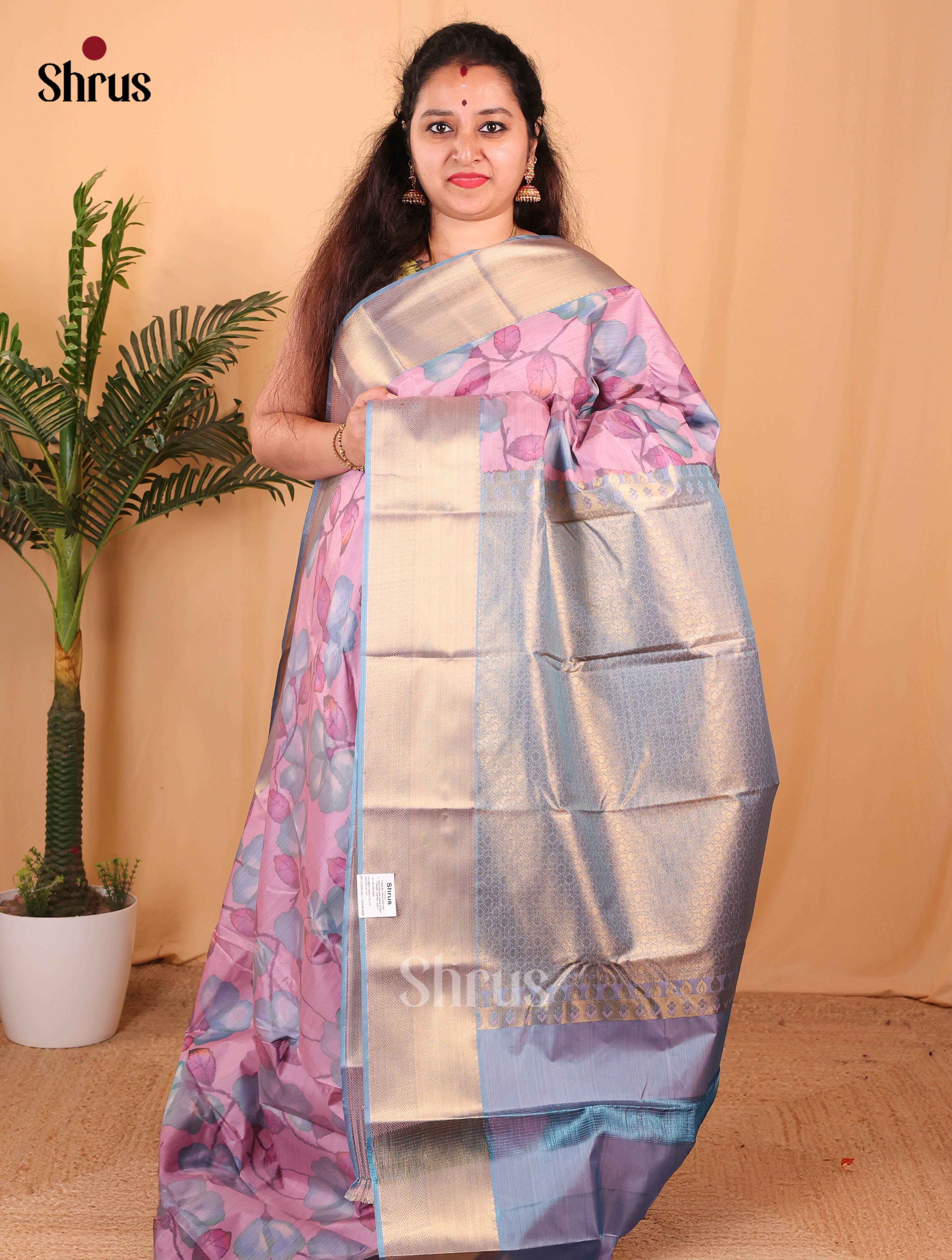 Pink & Blue - Kanchipuram-halfpure Saree - Shop on Shrus.com