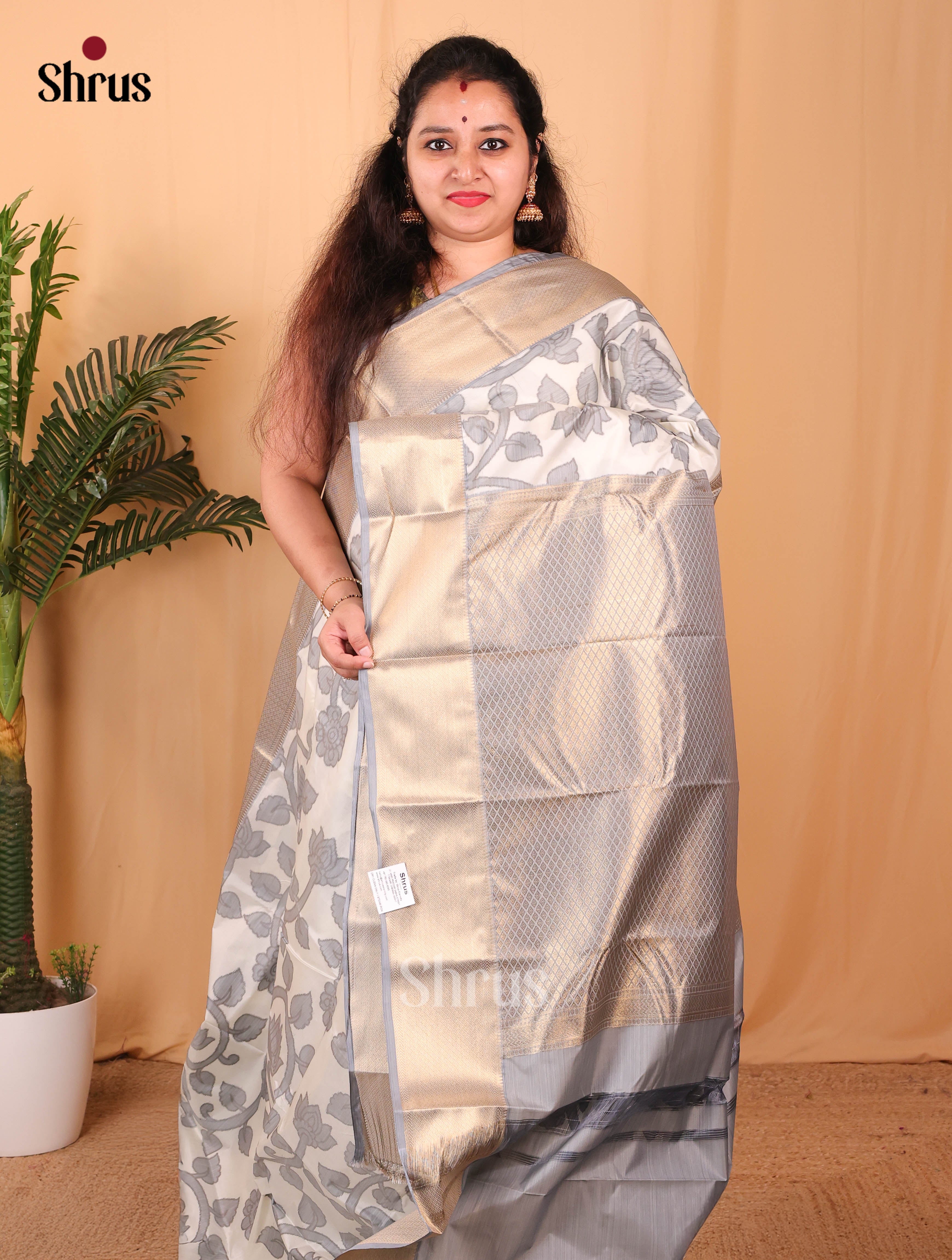 Cream & Grey- Kanchipuram-halfpure Saree - Shop on Shrus.com