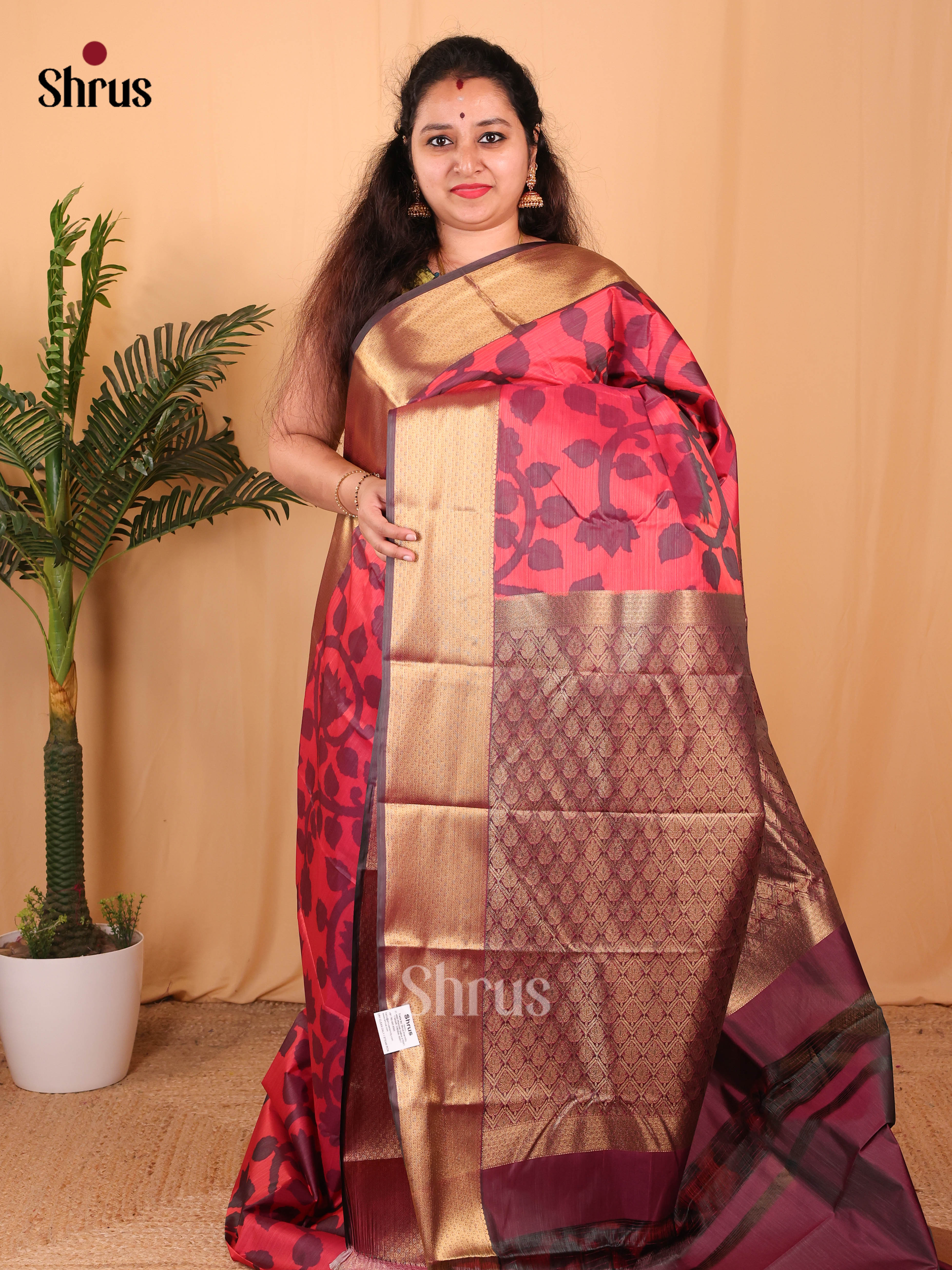 Reddish Pink & Maroon - Kanchipuram-halfpure Saree - Shop on Shrus.com