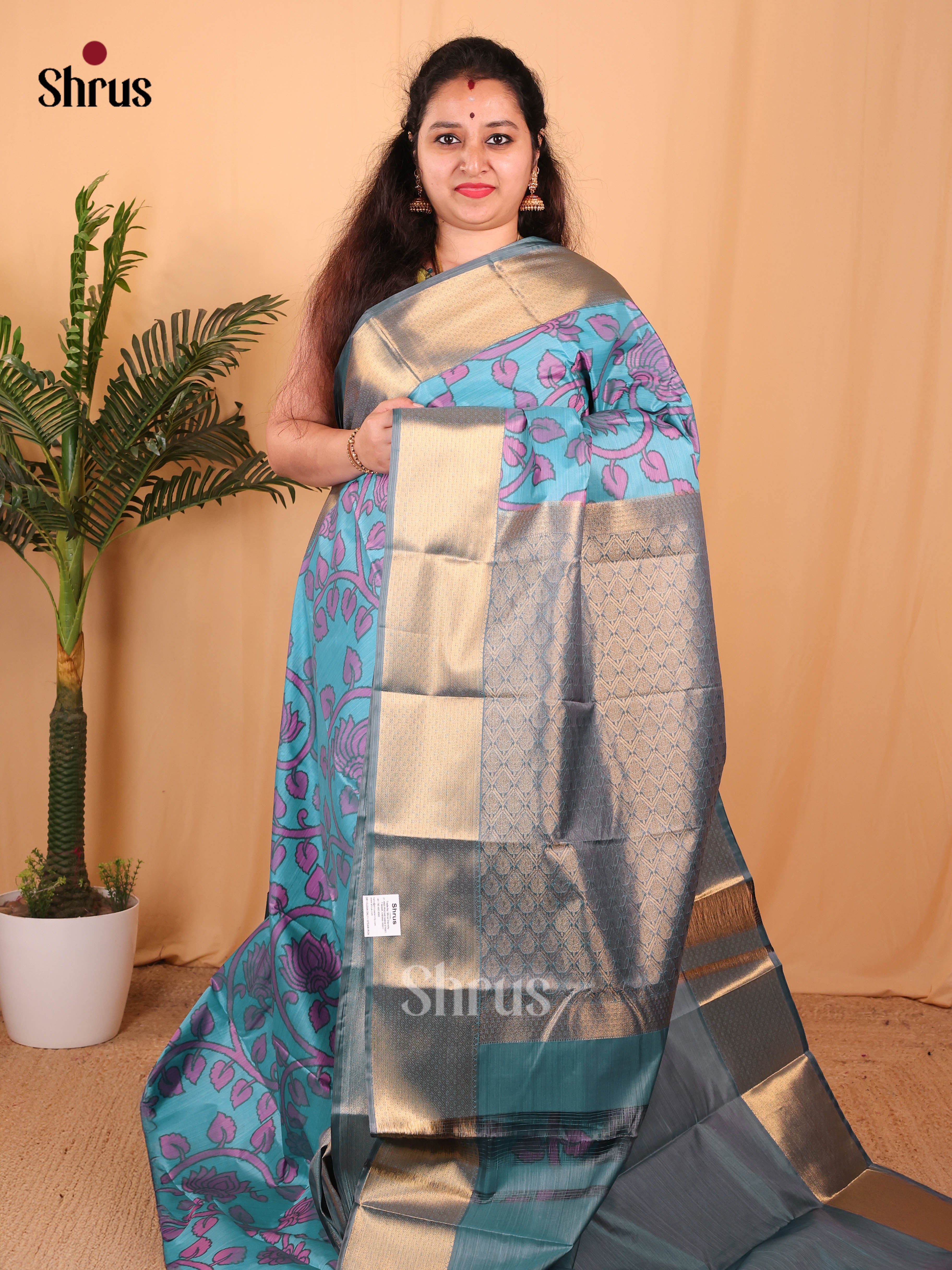 Blue & Green - Kanchipuram-halfpure Saree - Shop on Shrus.com
