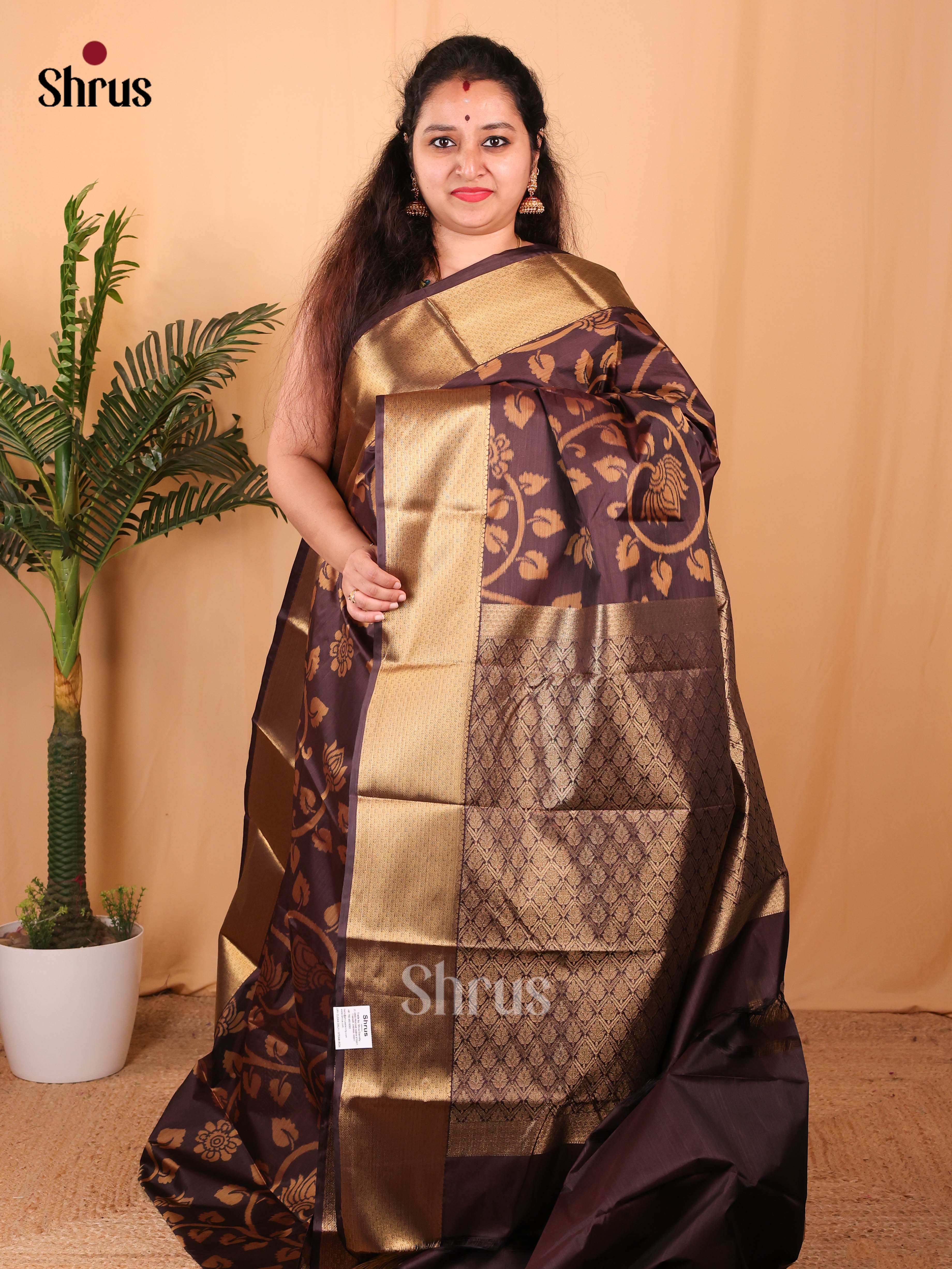 Brown(single Tone) - Kanchipuram-halfpure Saree - Shop on Shrus.com