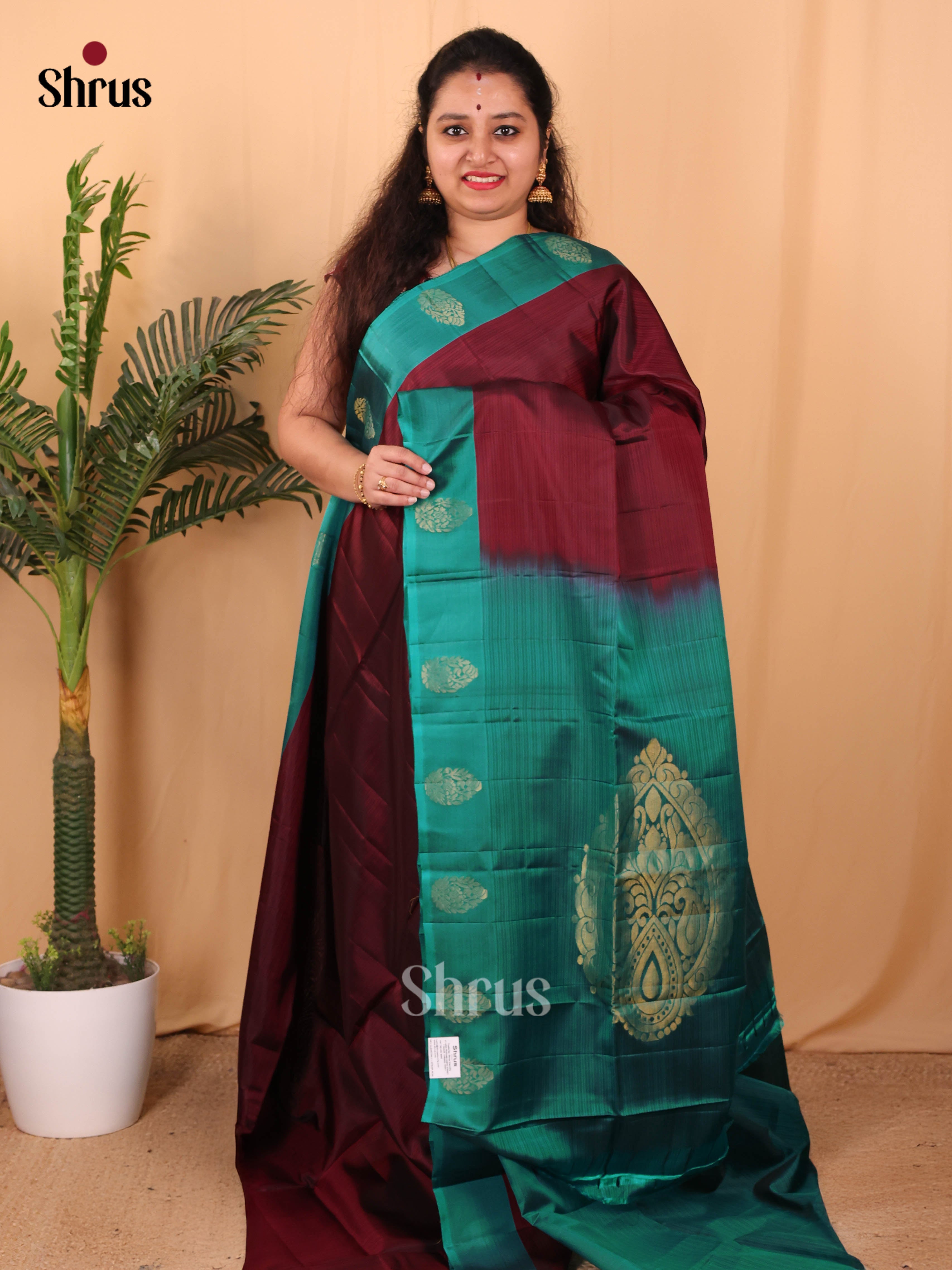Maroon & Green - Softsilk-halfpure Saree - Shop on Shrus.com