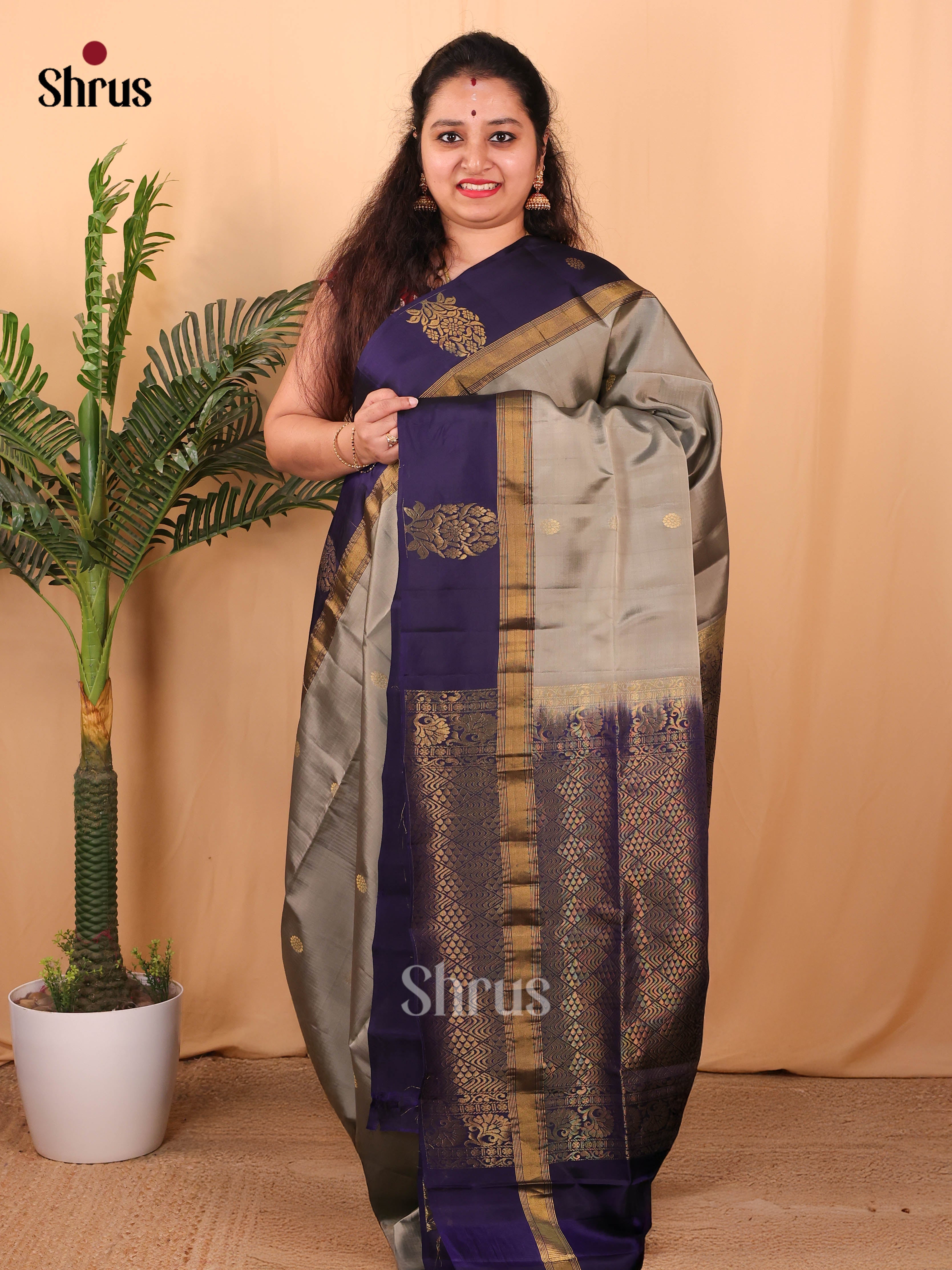 Grey & Blue - Softsilk-halfpure Saree - Shop on Shrus.com