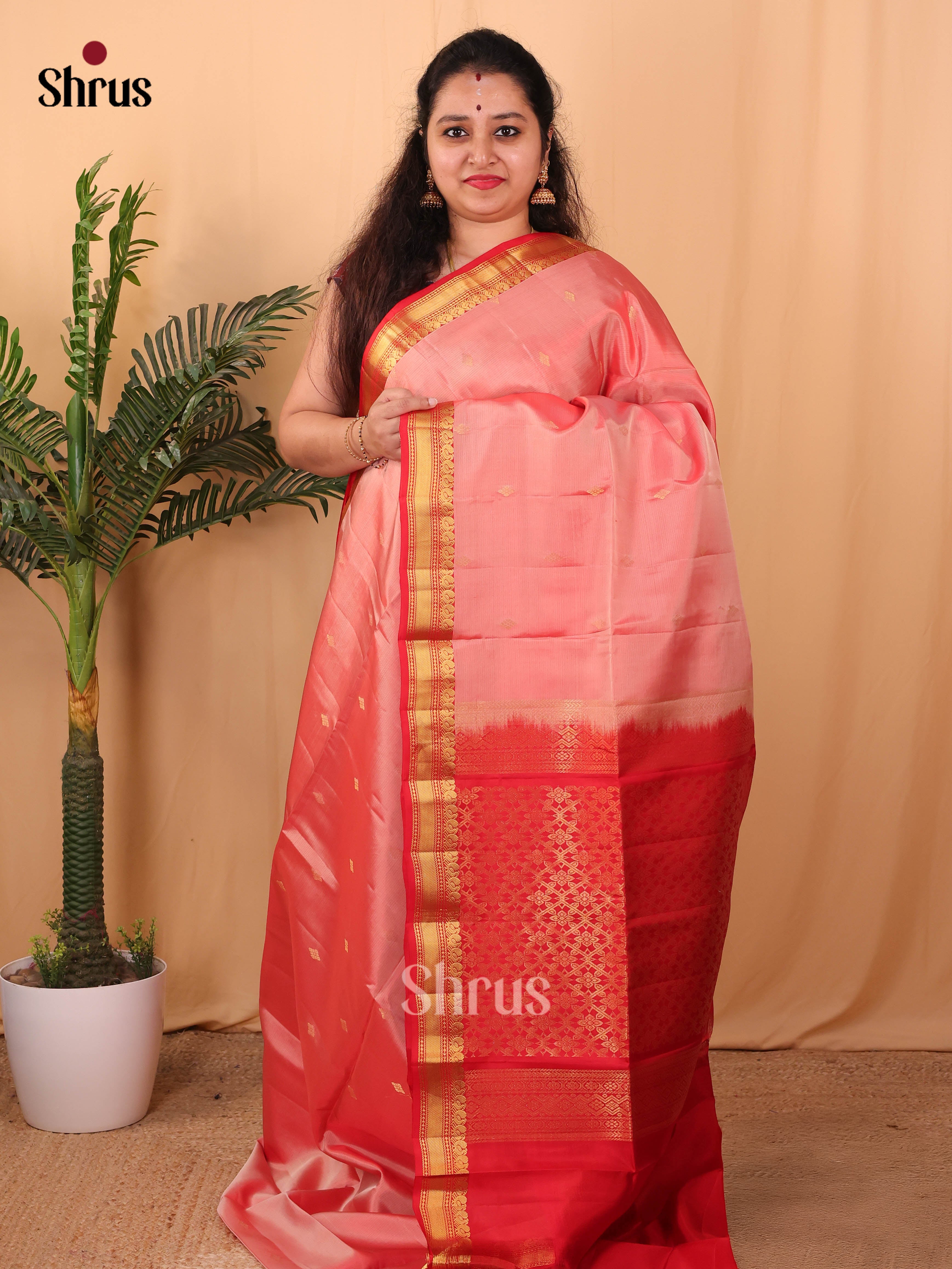 Pink & Red - Softsilk-halfpure Saree - Shop on Shrus.com