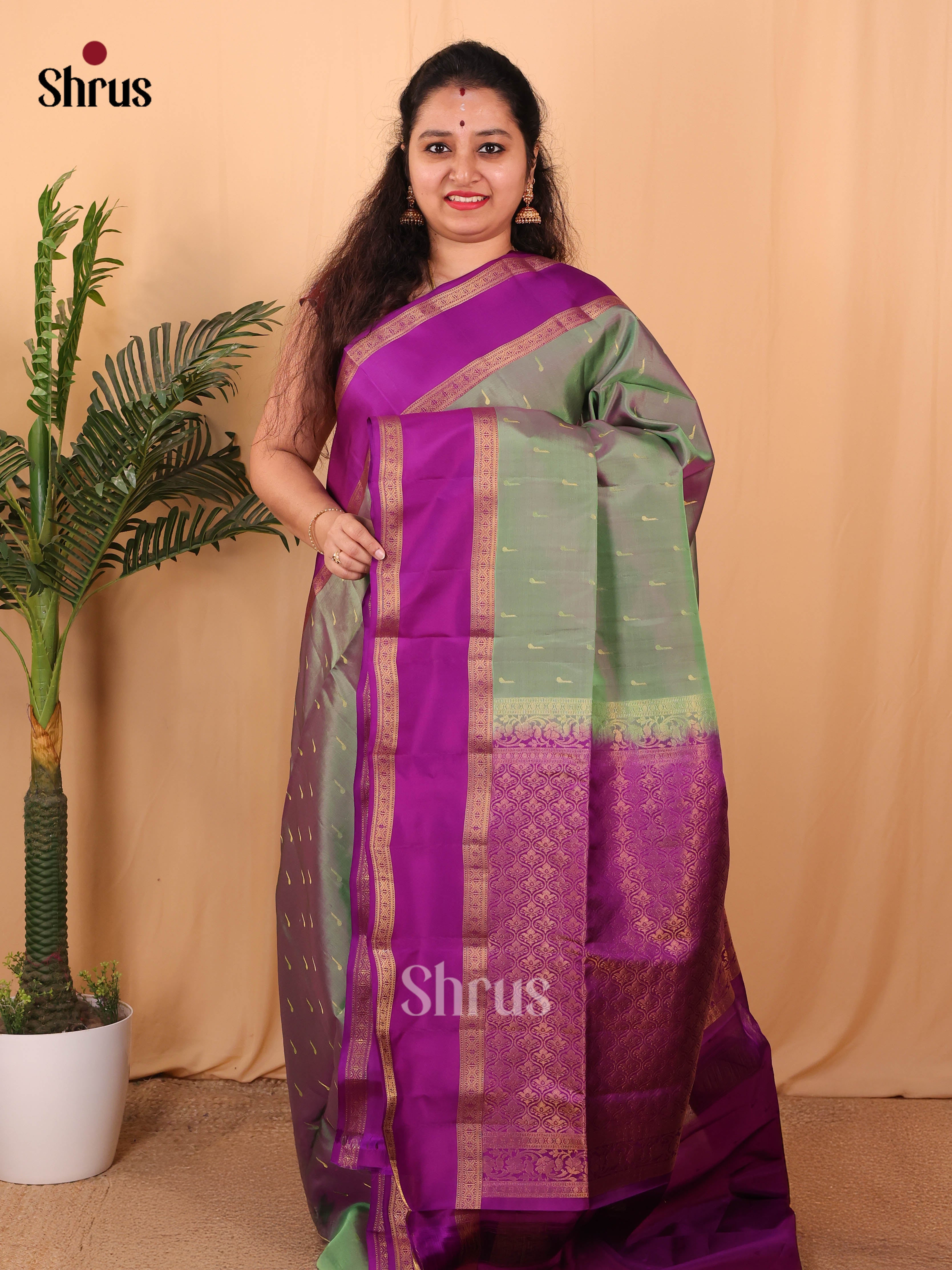 Double Shaded Greyish Green & Purple - Softsilk-halfpure Saree - Shop on Shrus.com