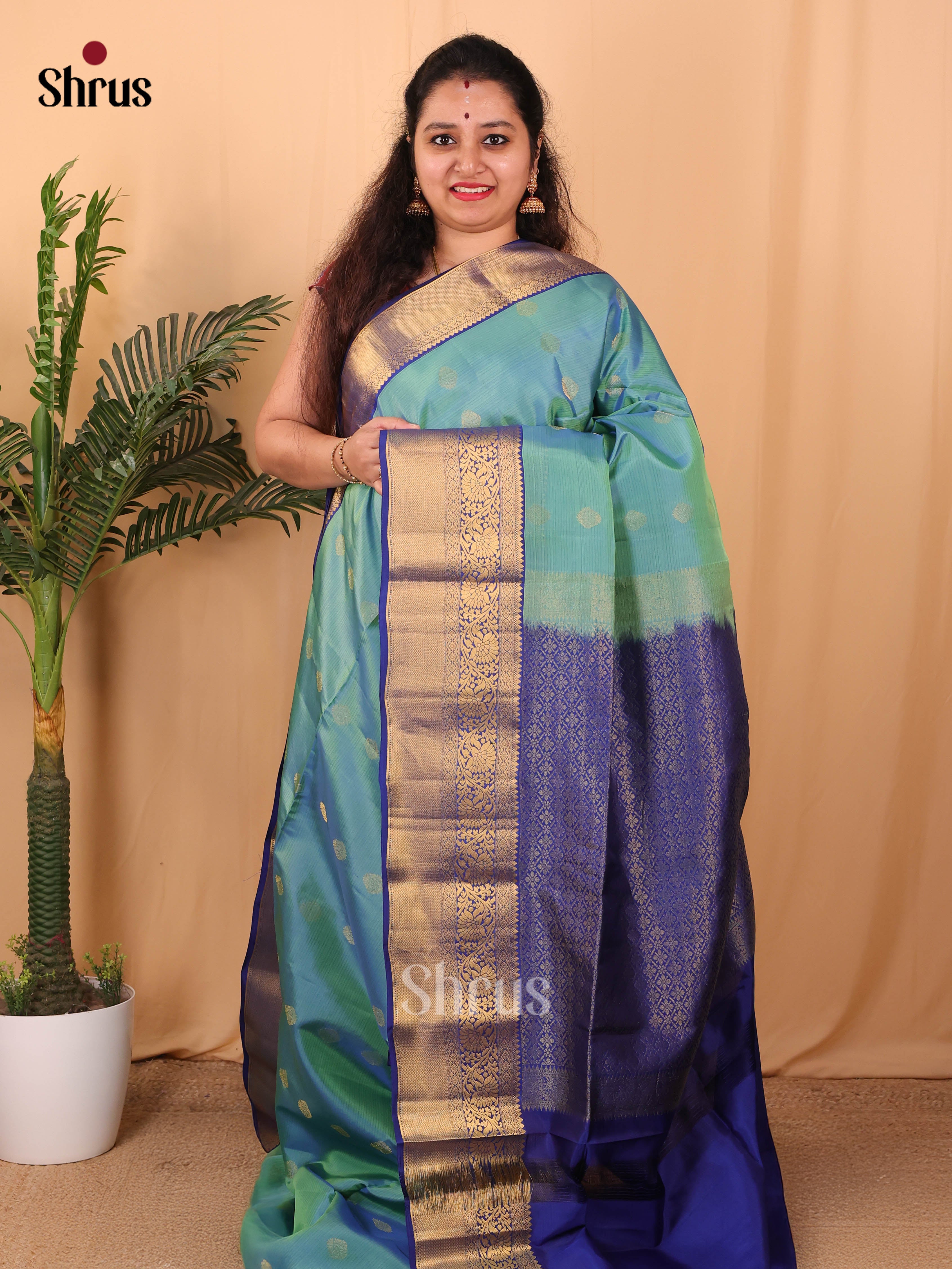Double Shaded Green & Blue- Softsilk-halfpure Saree - Shop on Shrus.com