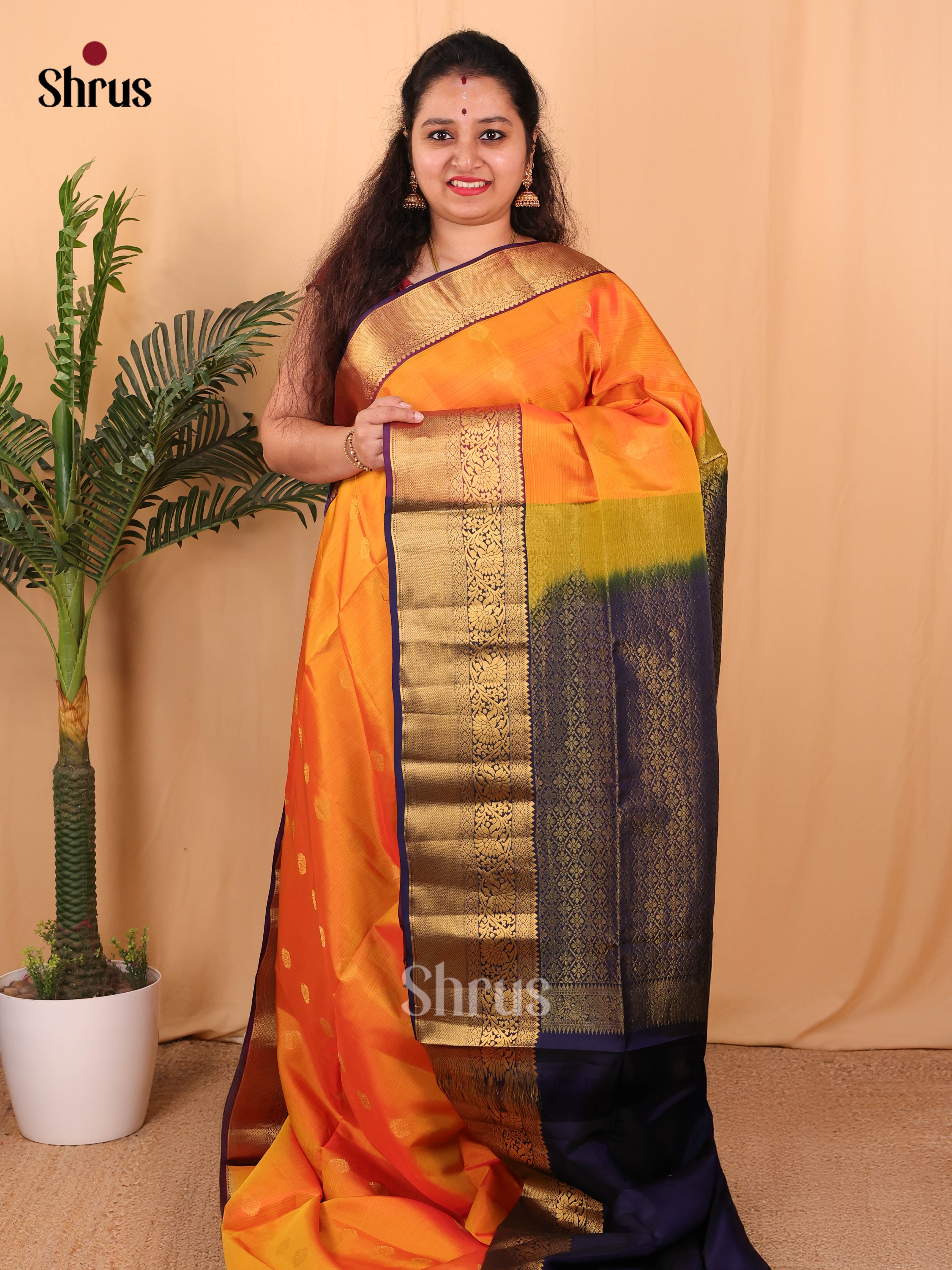 Orange & Blue - Softsilk-halfpure Saree - Shop on Shrus.com