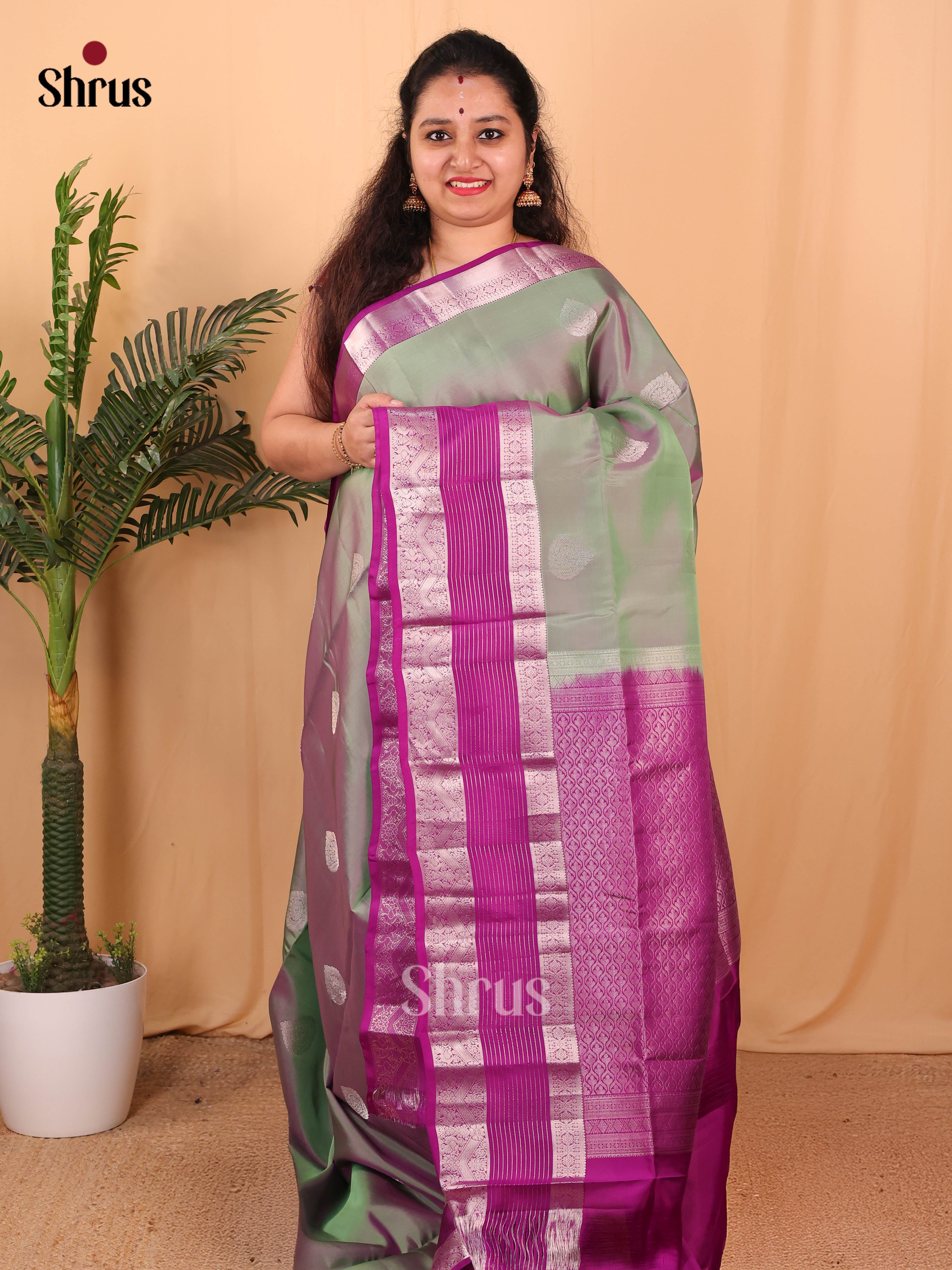 Double Shaded Greenish Grey & Purple - Softsilk-halfpure Saree - Shop on Shrus.com