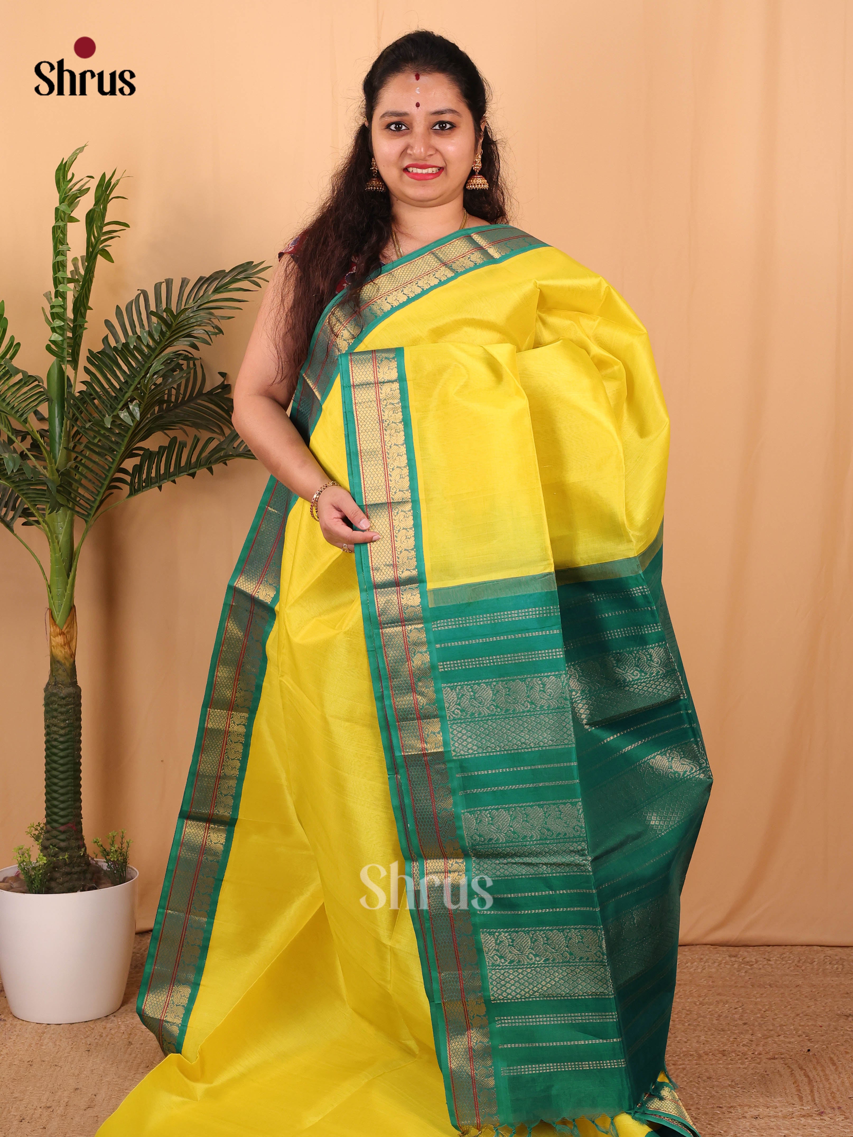 Yellow & Green - Silk Cotton Saree - Shop on Shrus.com