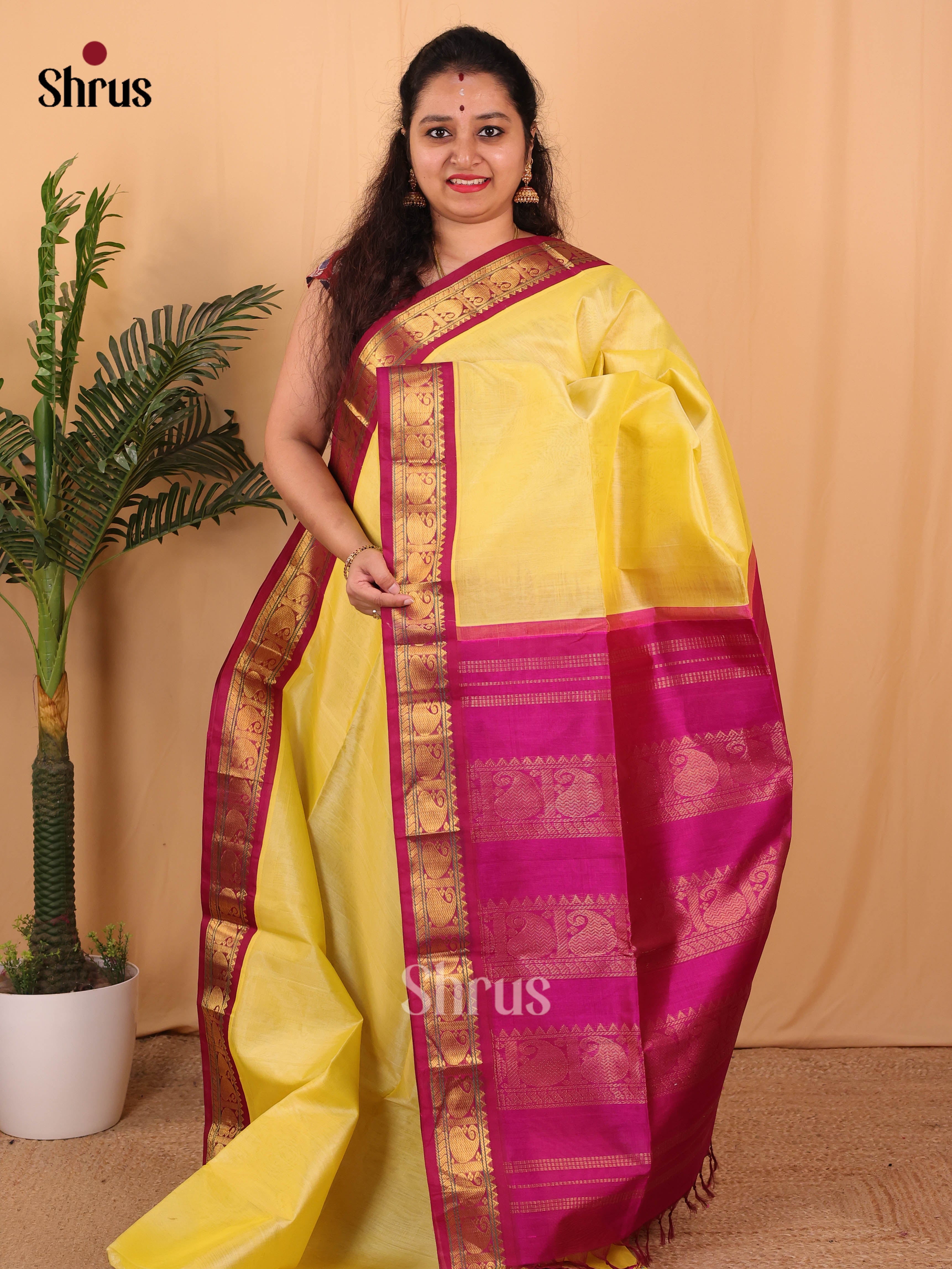 Yellow & Purple - Silk Cotton Saree - Shop on Shrus.com