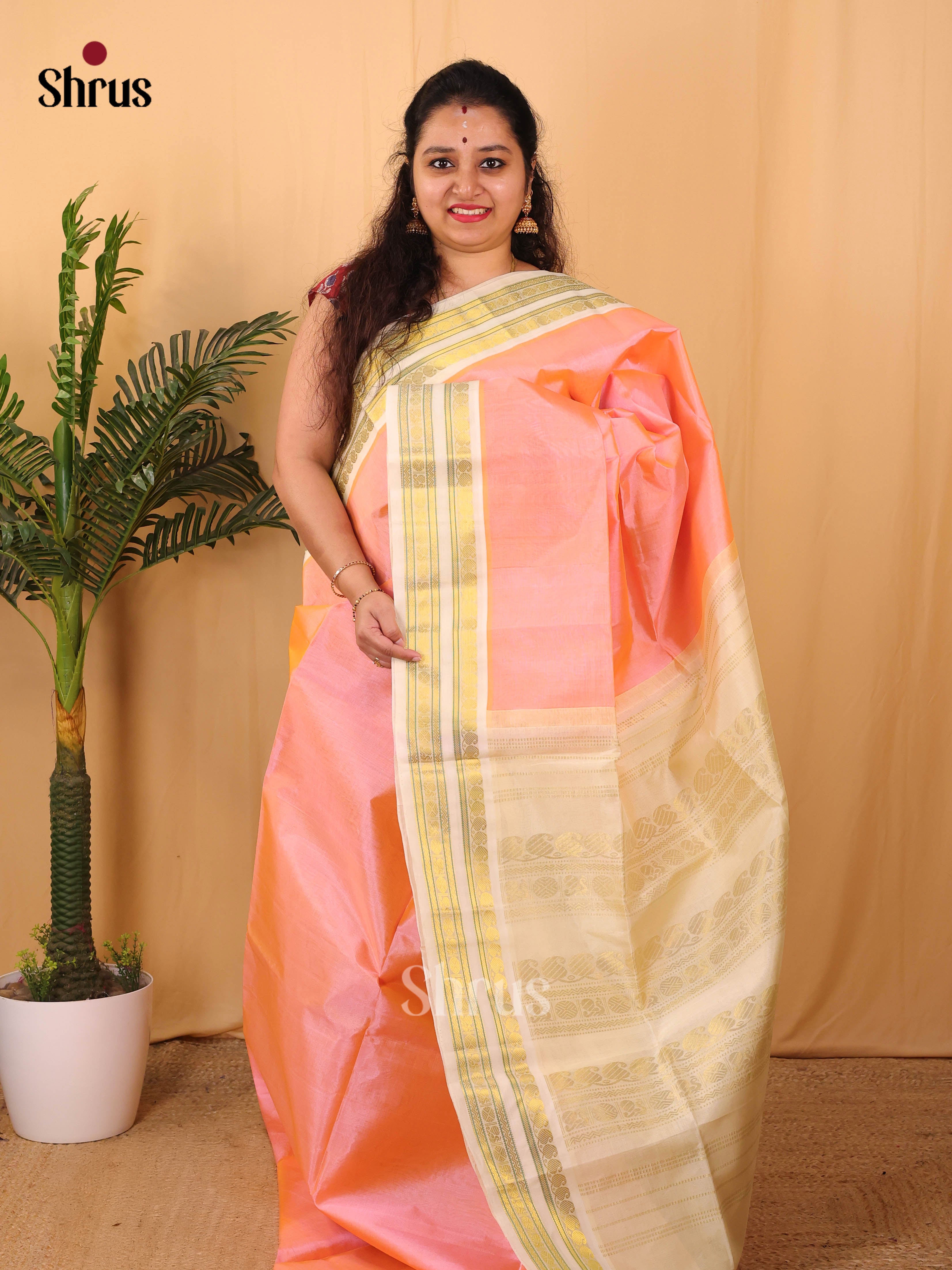 Peachish Pink & Cream - Silk Cotton Saree - Shop on Shrus.com