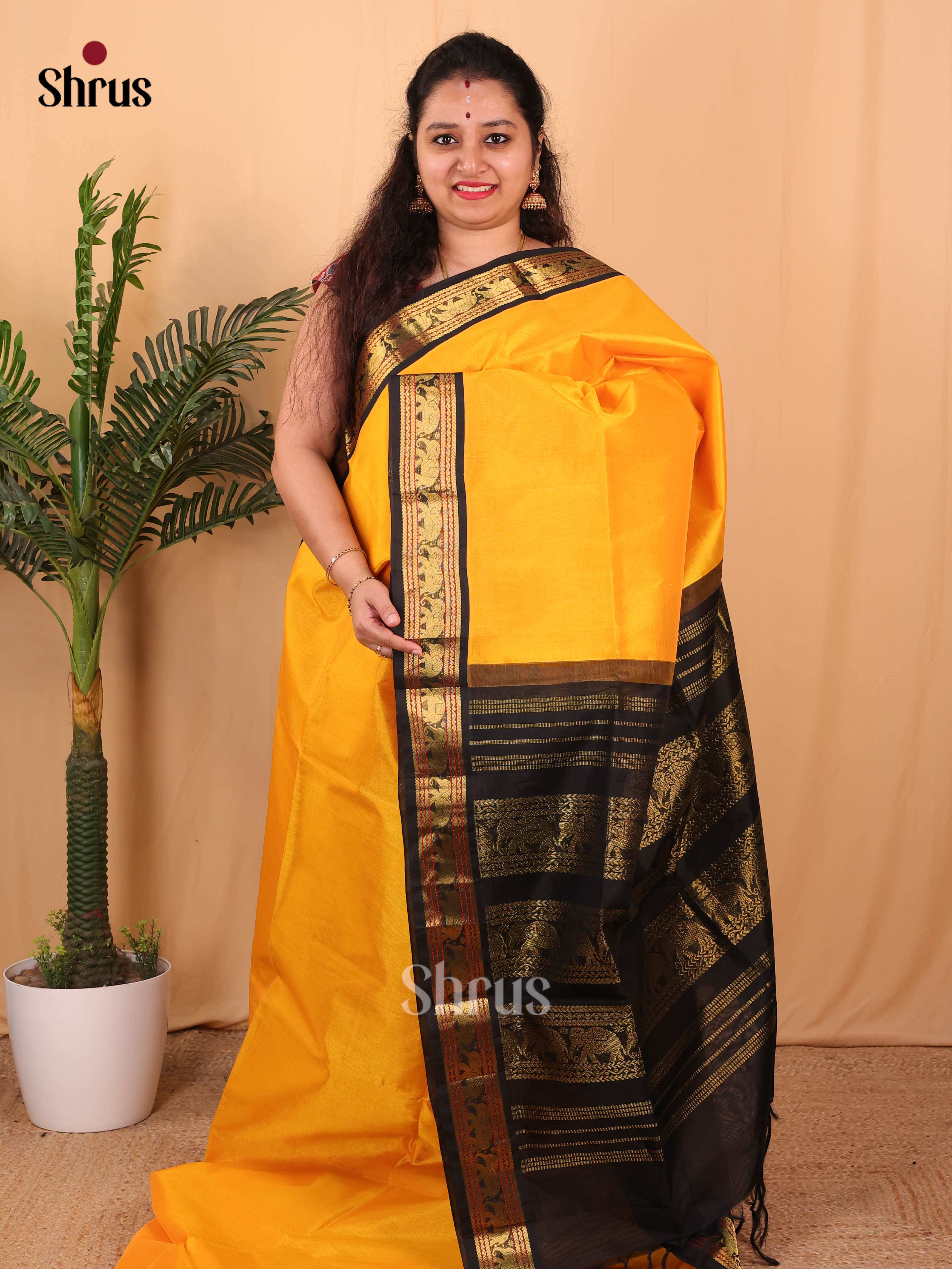 Yellow & Black - Silk Cotton Saree - Shop on Shrus.com