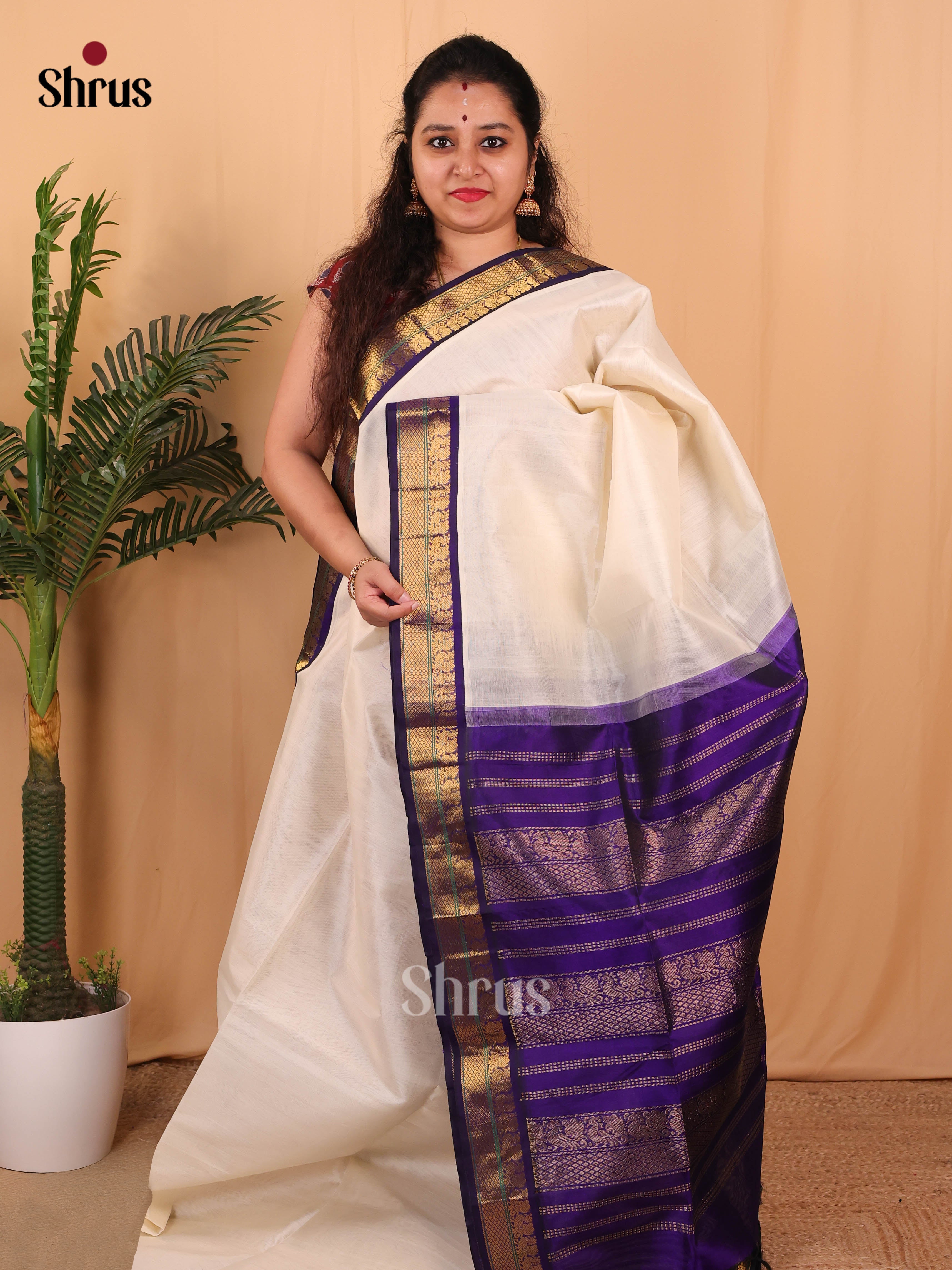 Cream & Violet - Silk Cotton Saree - Shop on Shrus.com