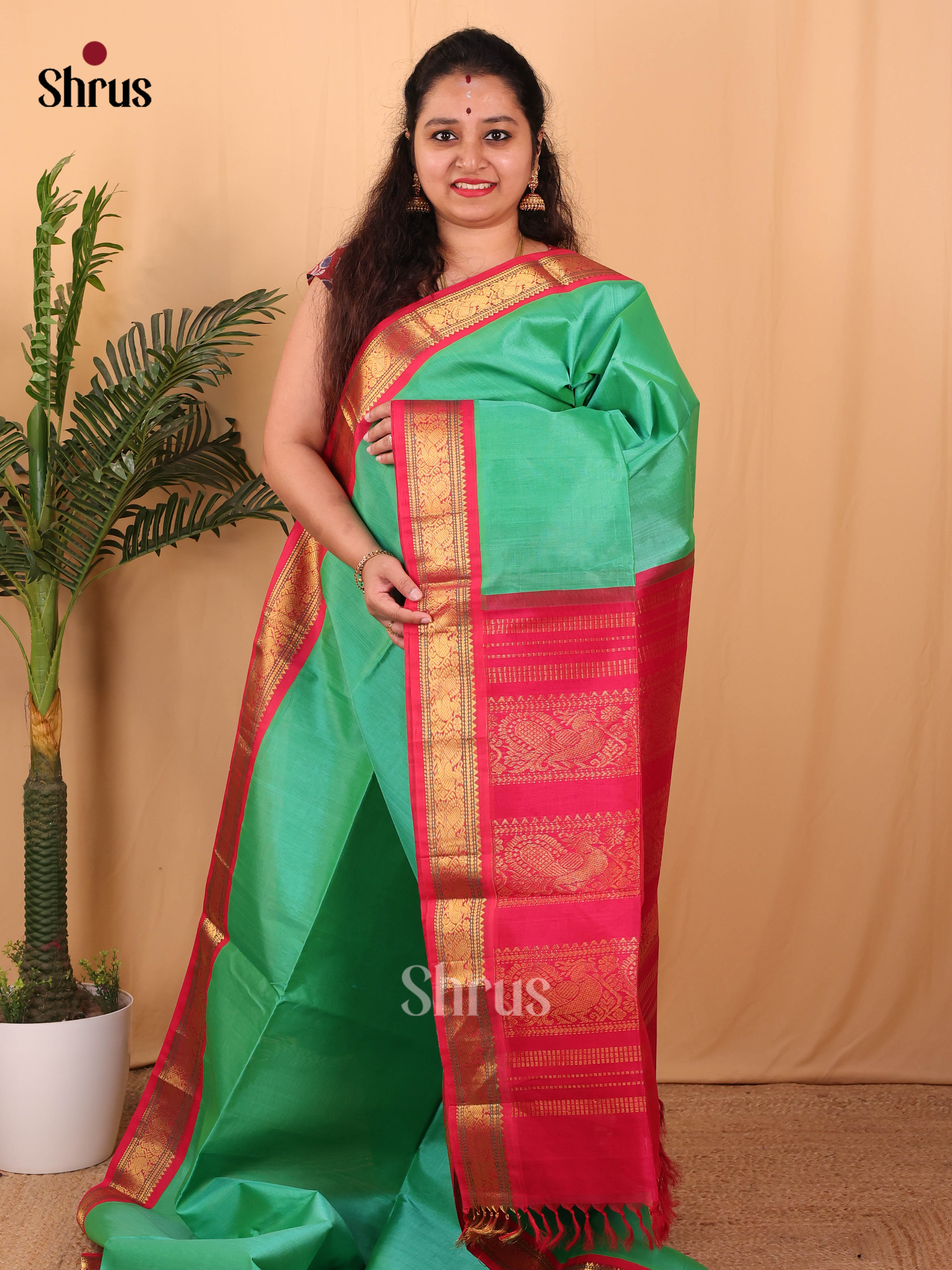Green & Maroon - Silk Cotton Saree - Shop on Shrus.com