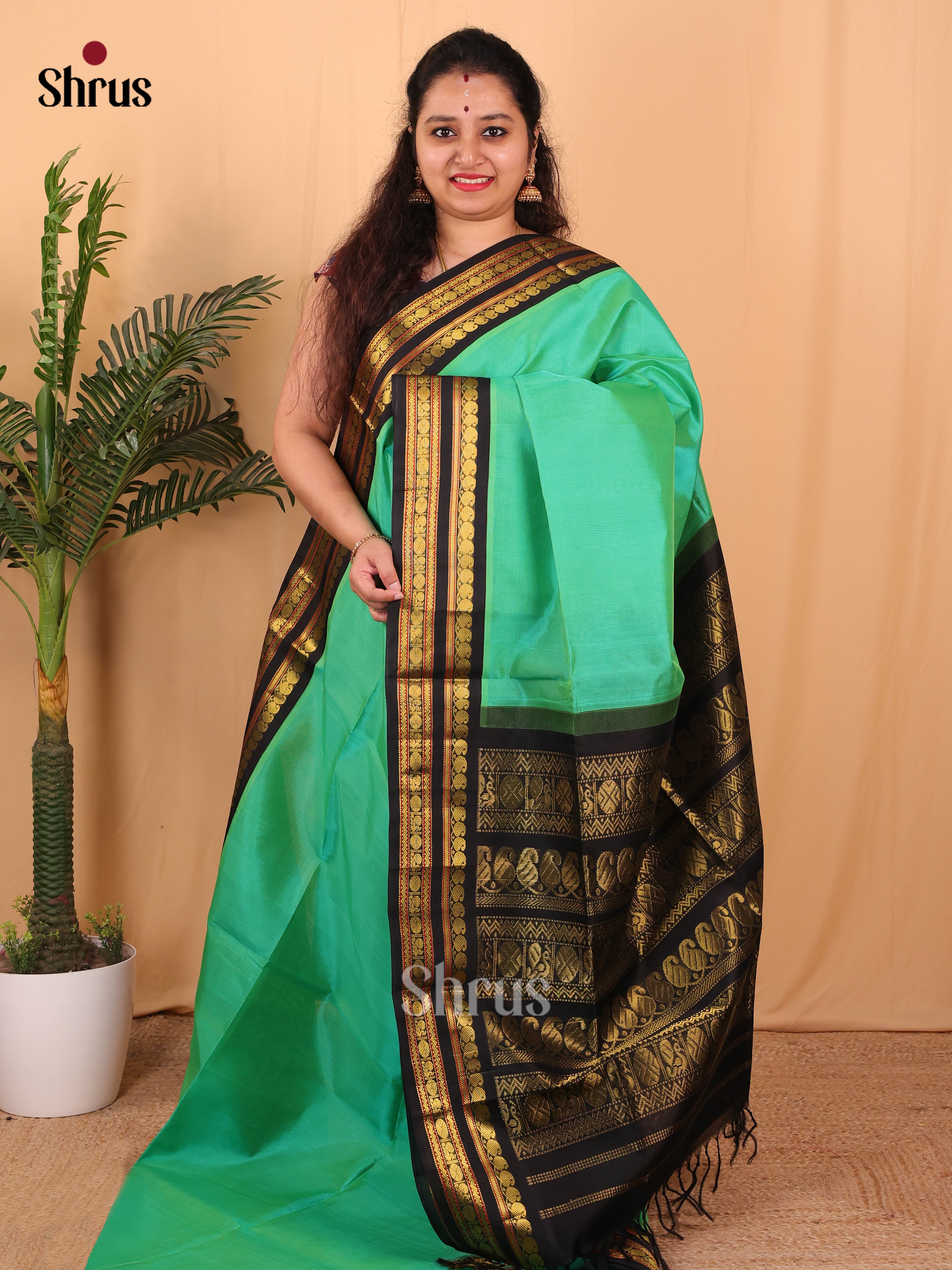 Green & Black - Silk Cotton Saree - Shop on Shrus.com