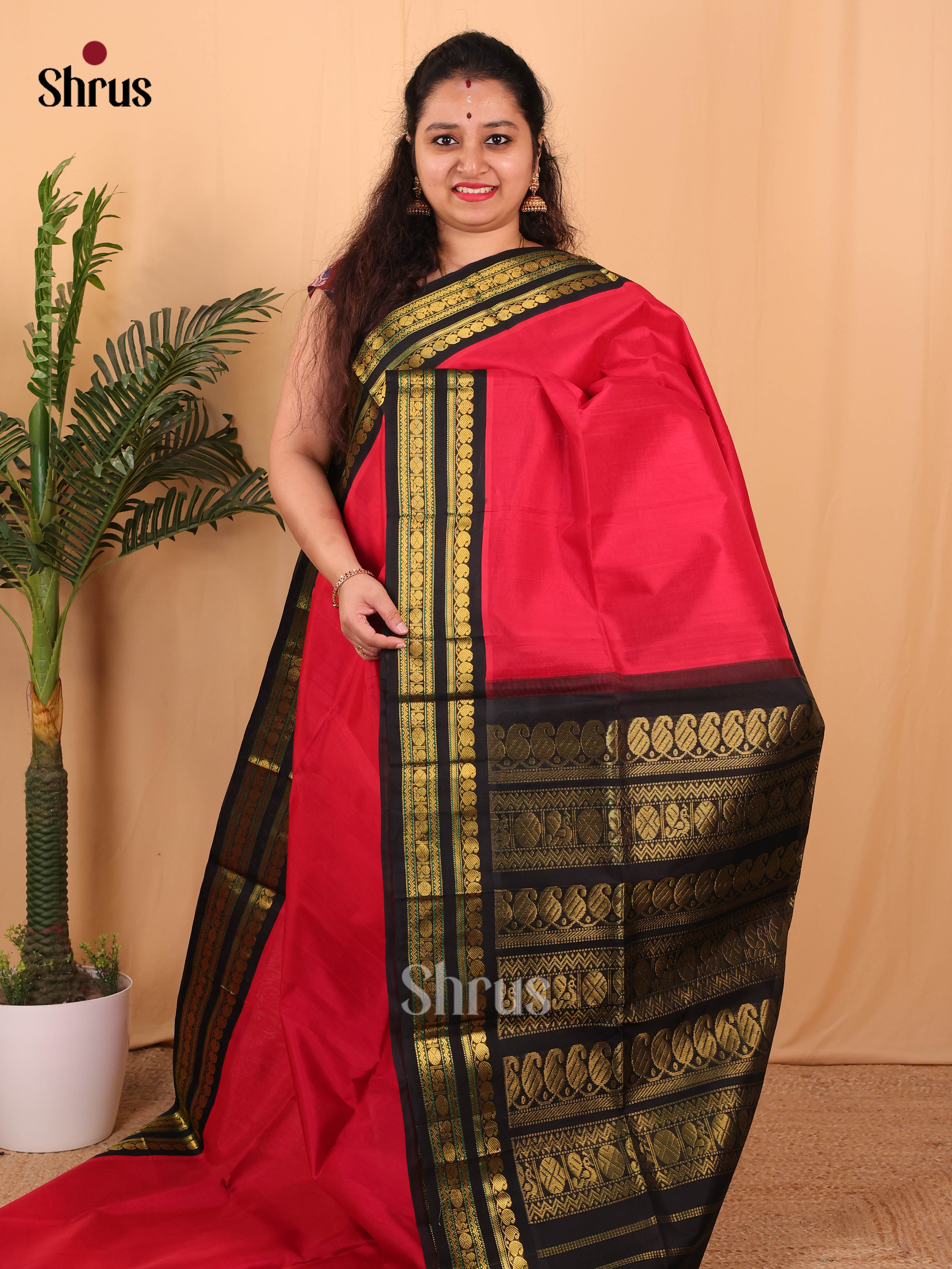Red & Black- Silk Cotton Saree - Shop on Shrus.com