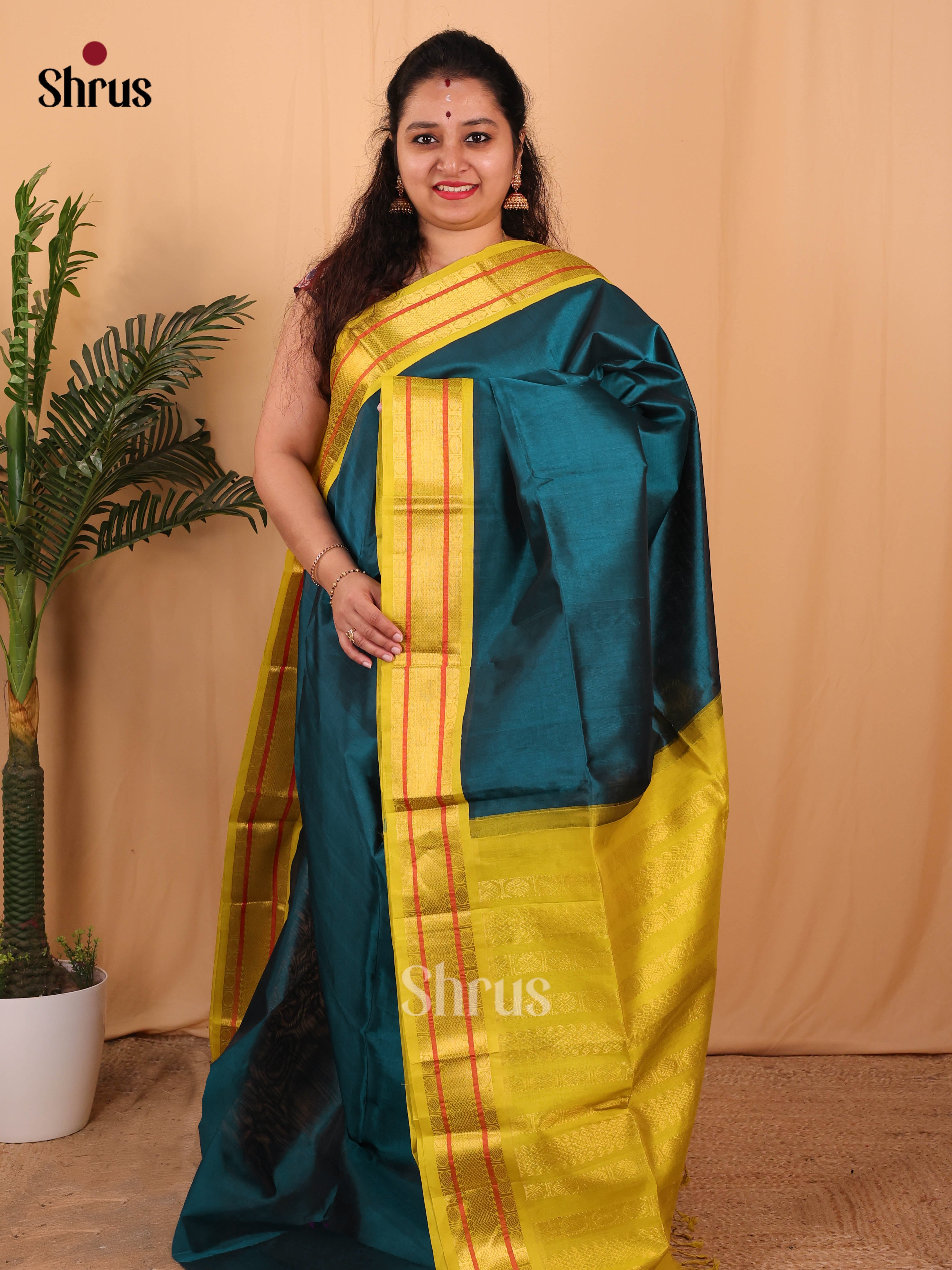Peacock Blue & Yellow - Silk Cotton Saree - Shop on Shrus.com