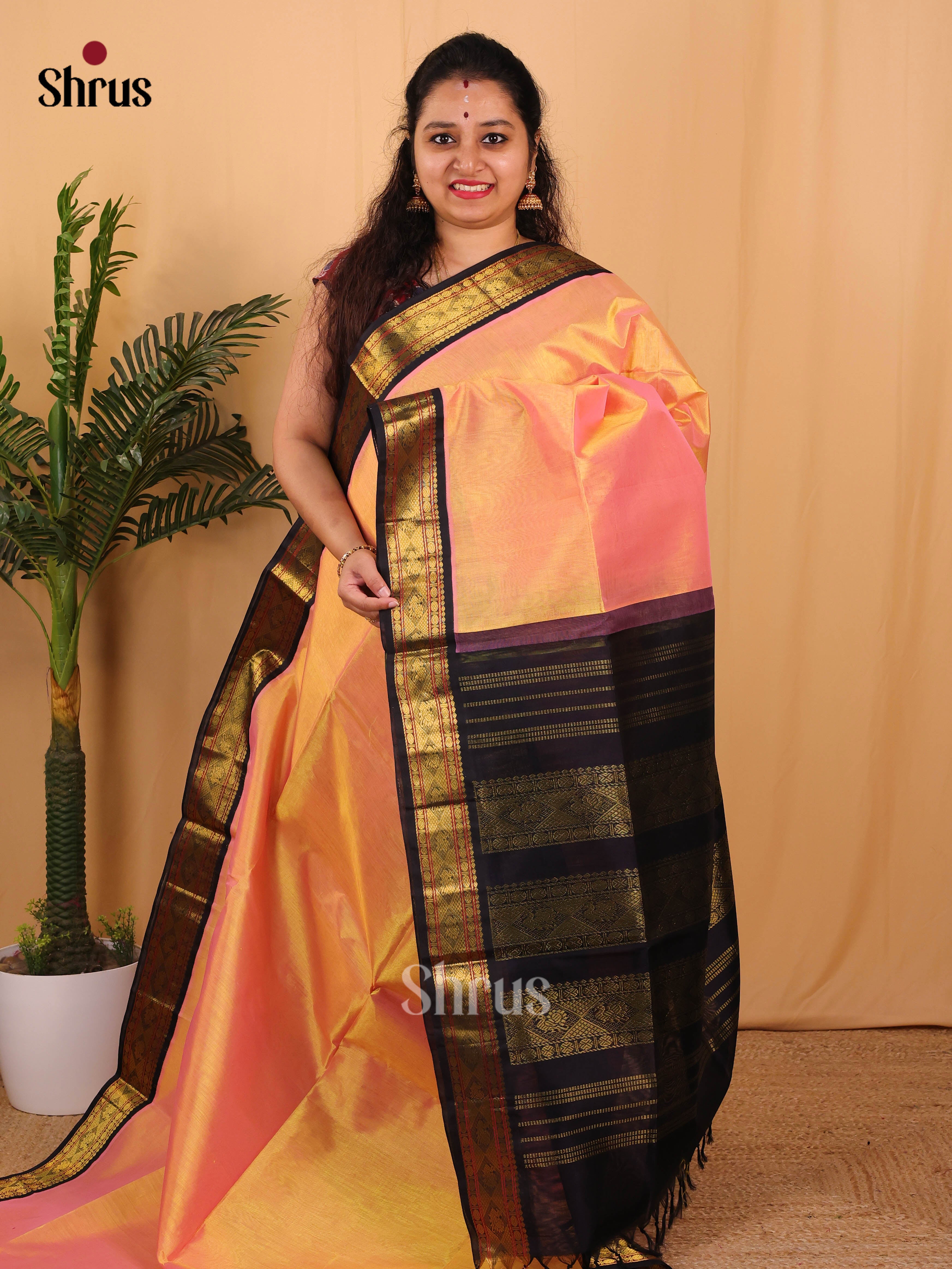 Peach & Black- Silk Cotton Saree - Shop on Shrus.com