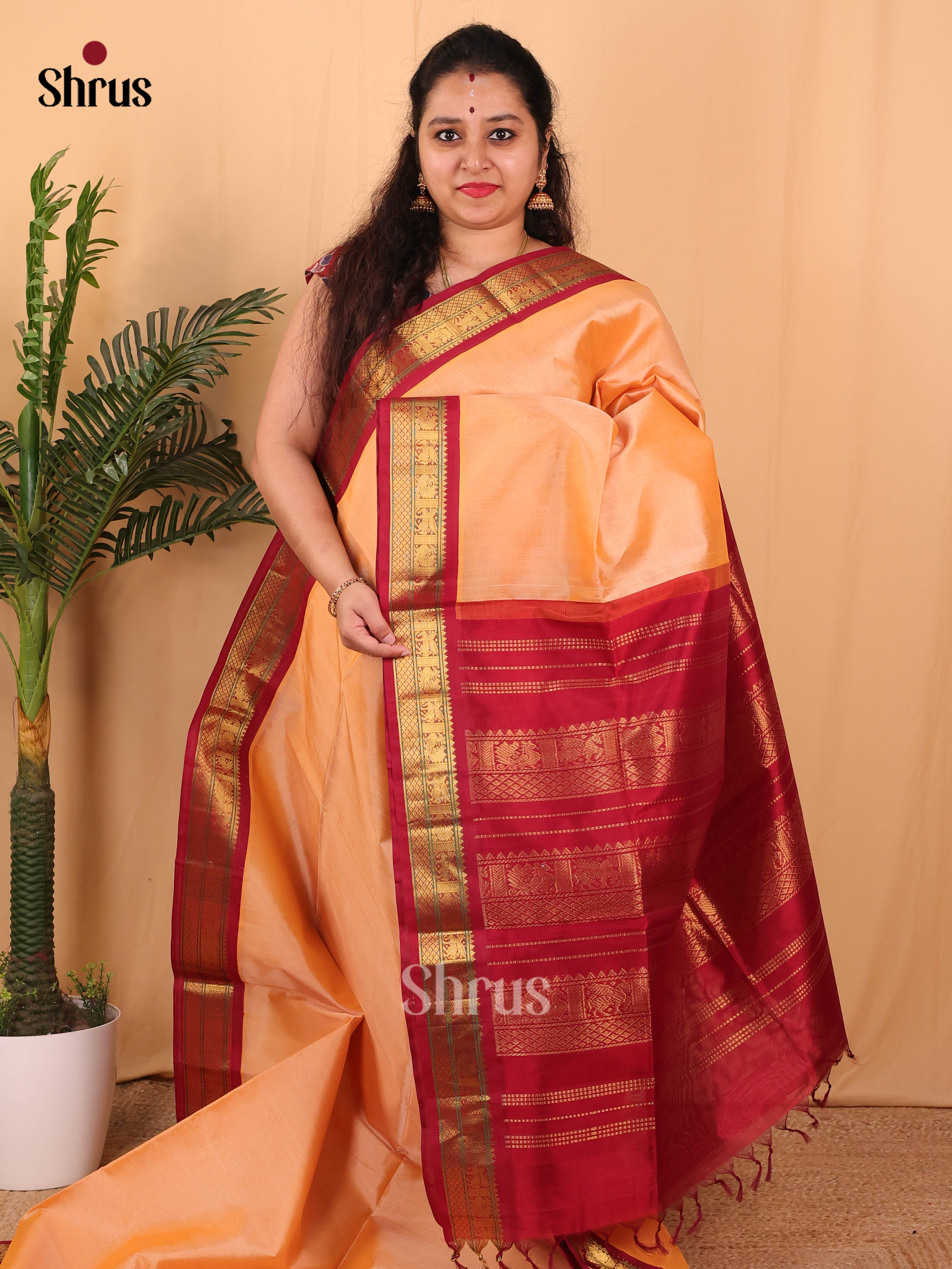 Peach & Maroon - Silk Cotton Saree - Shop on Shrus.com