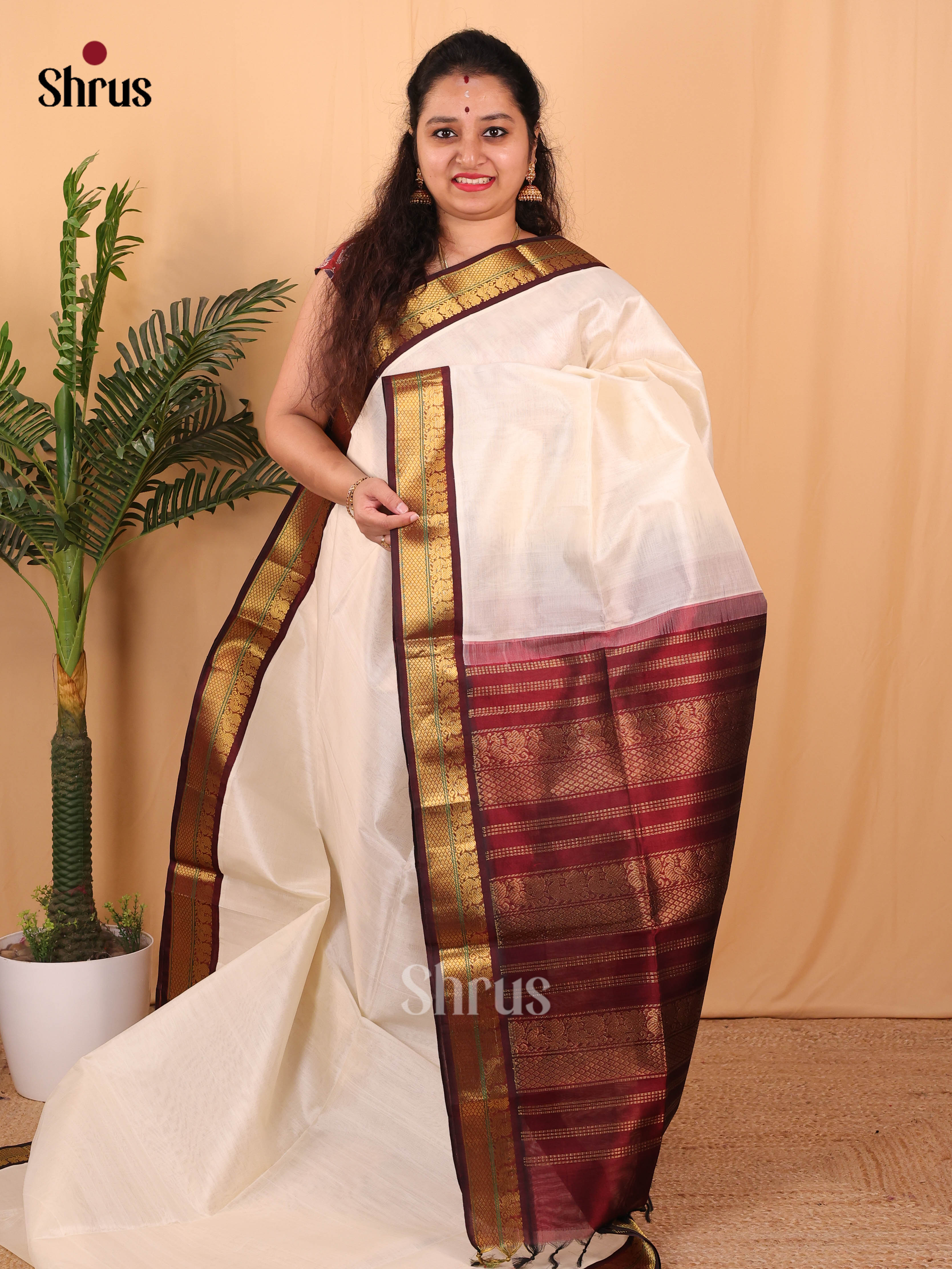 Cream & Maroon - Silk Cotton Saree - Shop on Shrus.com