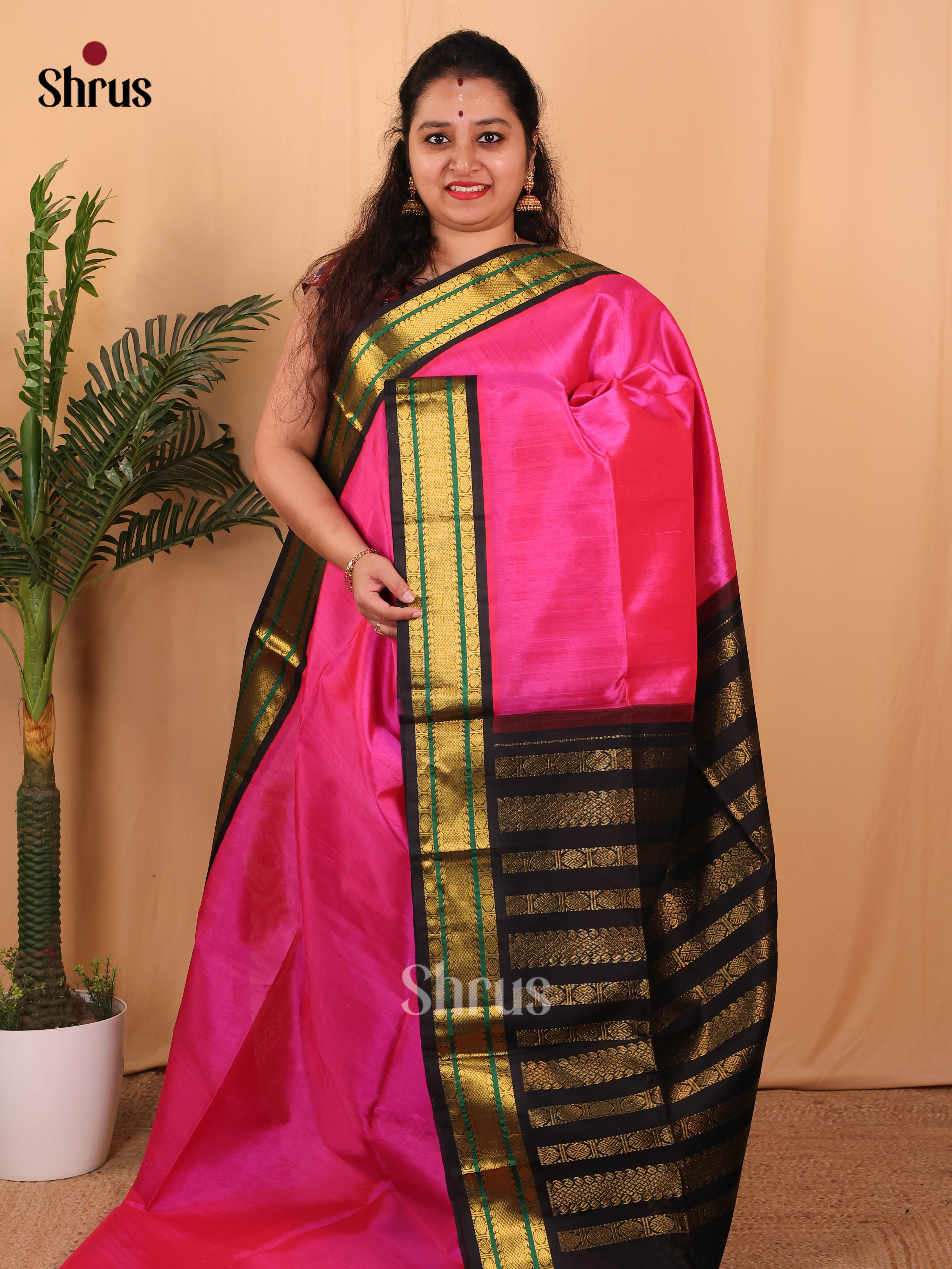 Pink & Black - Silk Cotton Saree - Shop on Shrus.com