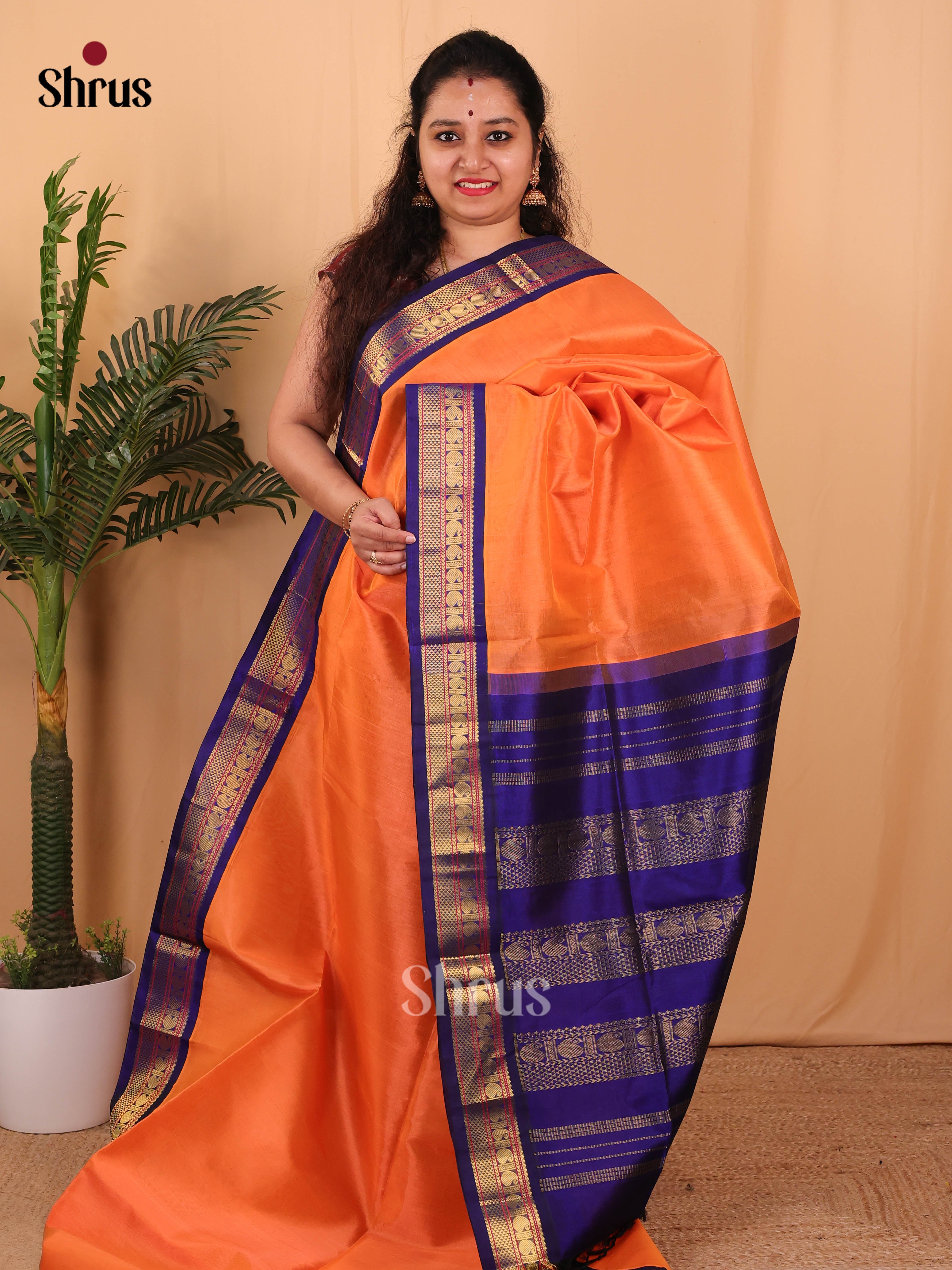 Orange & Blue - Silk Cotton Saree - Shop on Shrus.com
