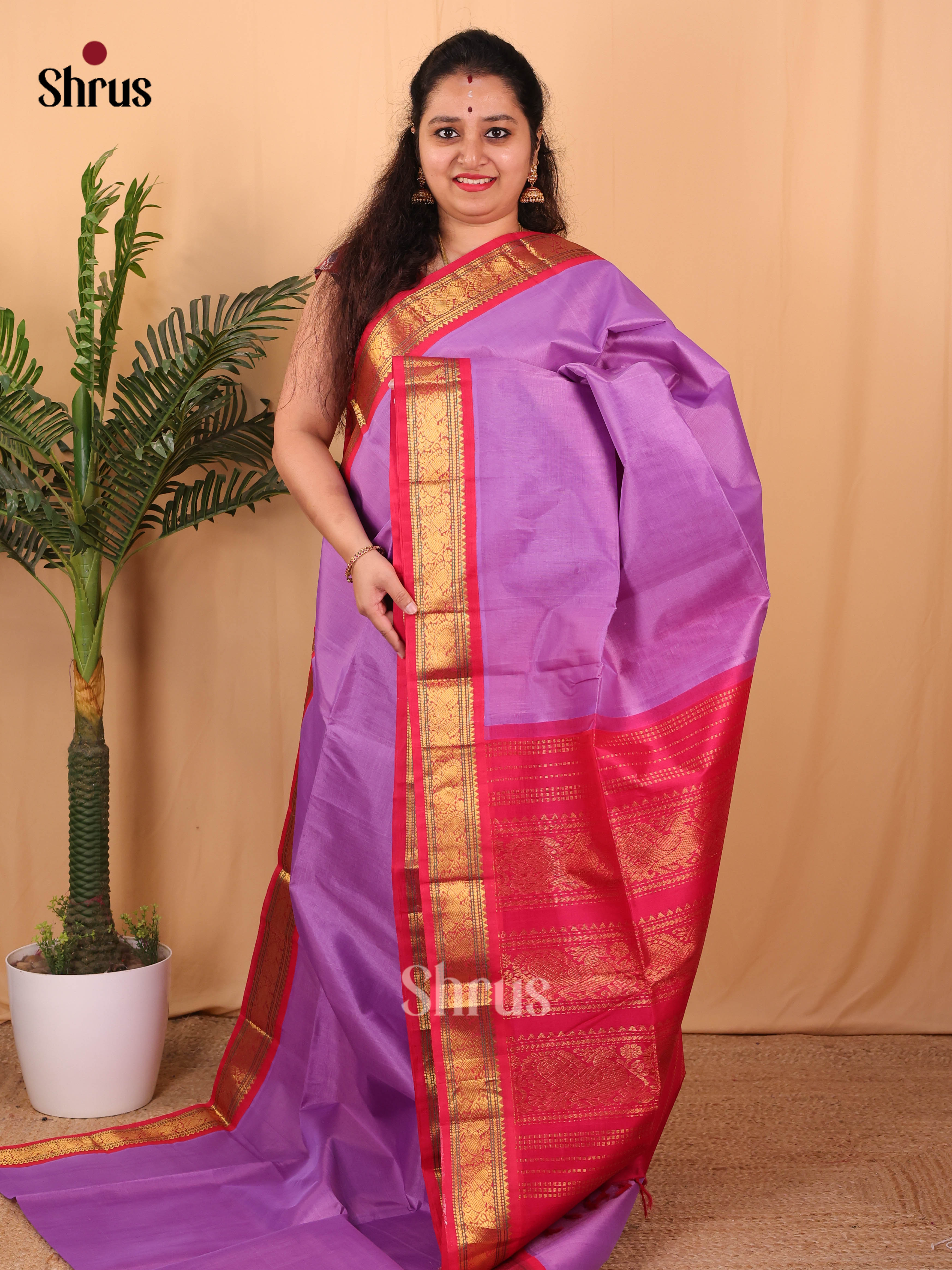 Lilac & Red- Silk Cotton Saree - Shop on Shrus.com