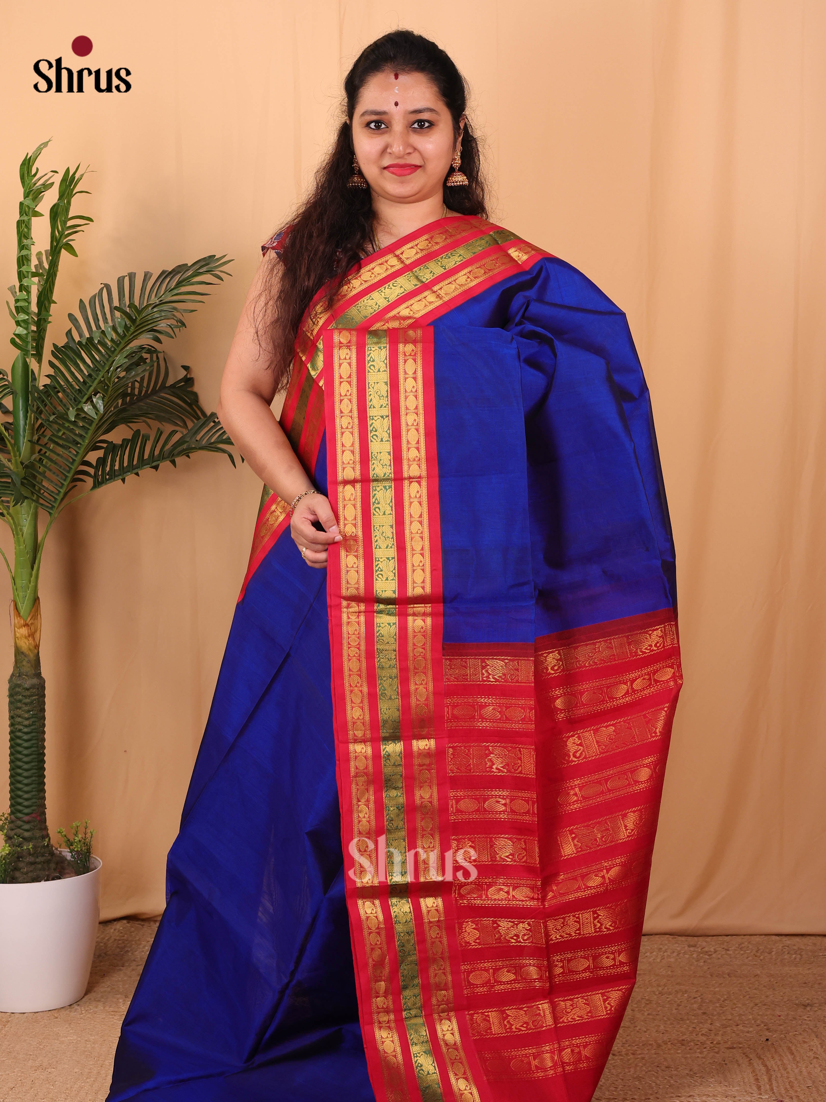 Blue & Red - Silk Cotton Saree - Shop on Shrus.com