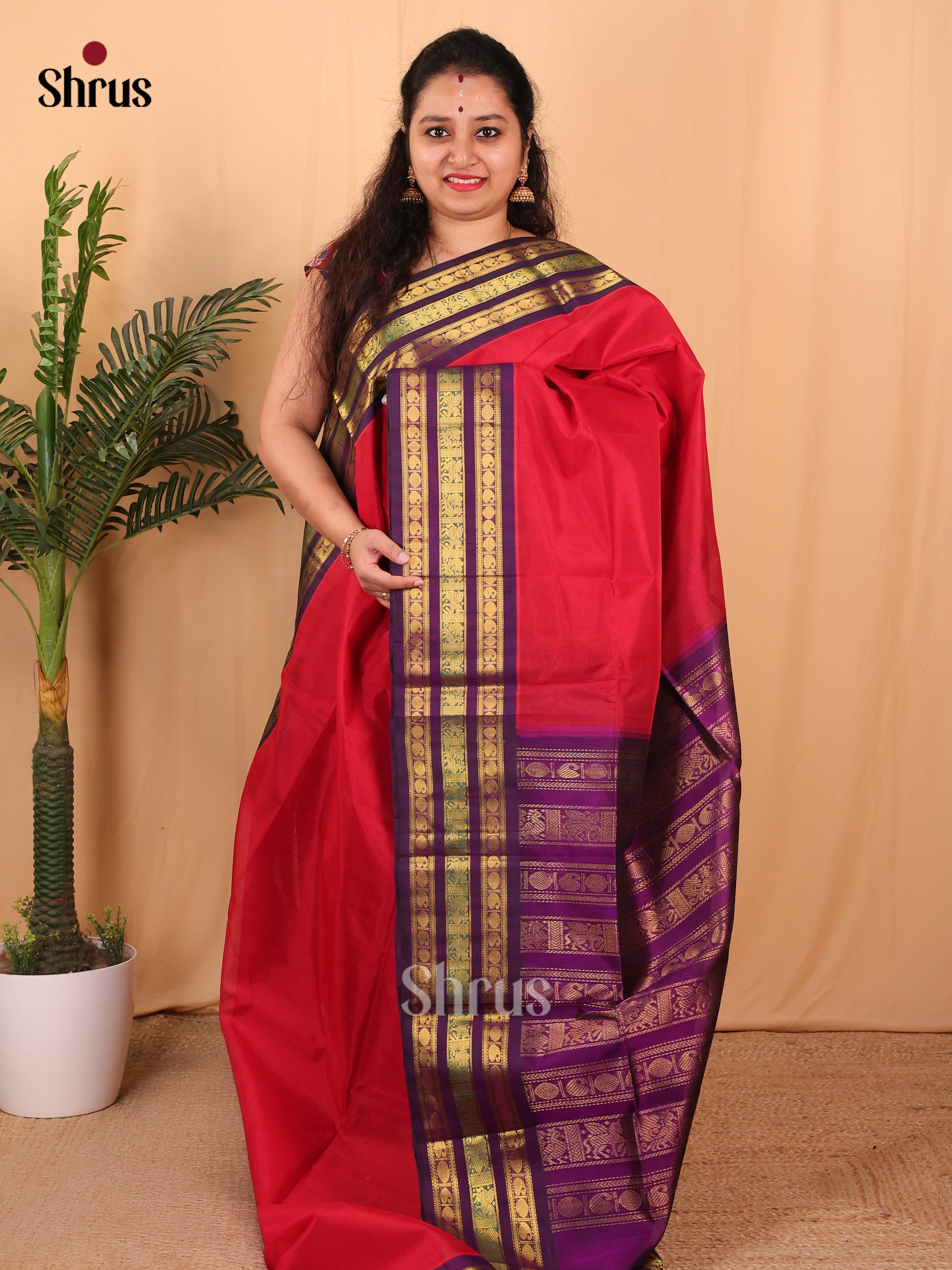 Red & Purple - Silk Cotton Saree - Shop on Shrus.com