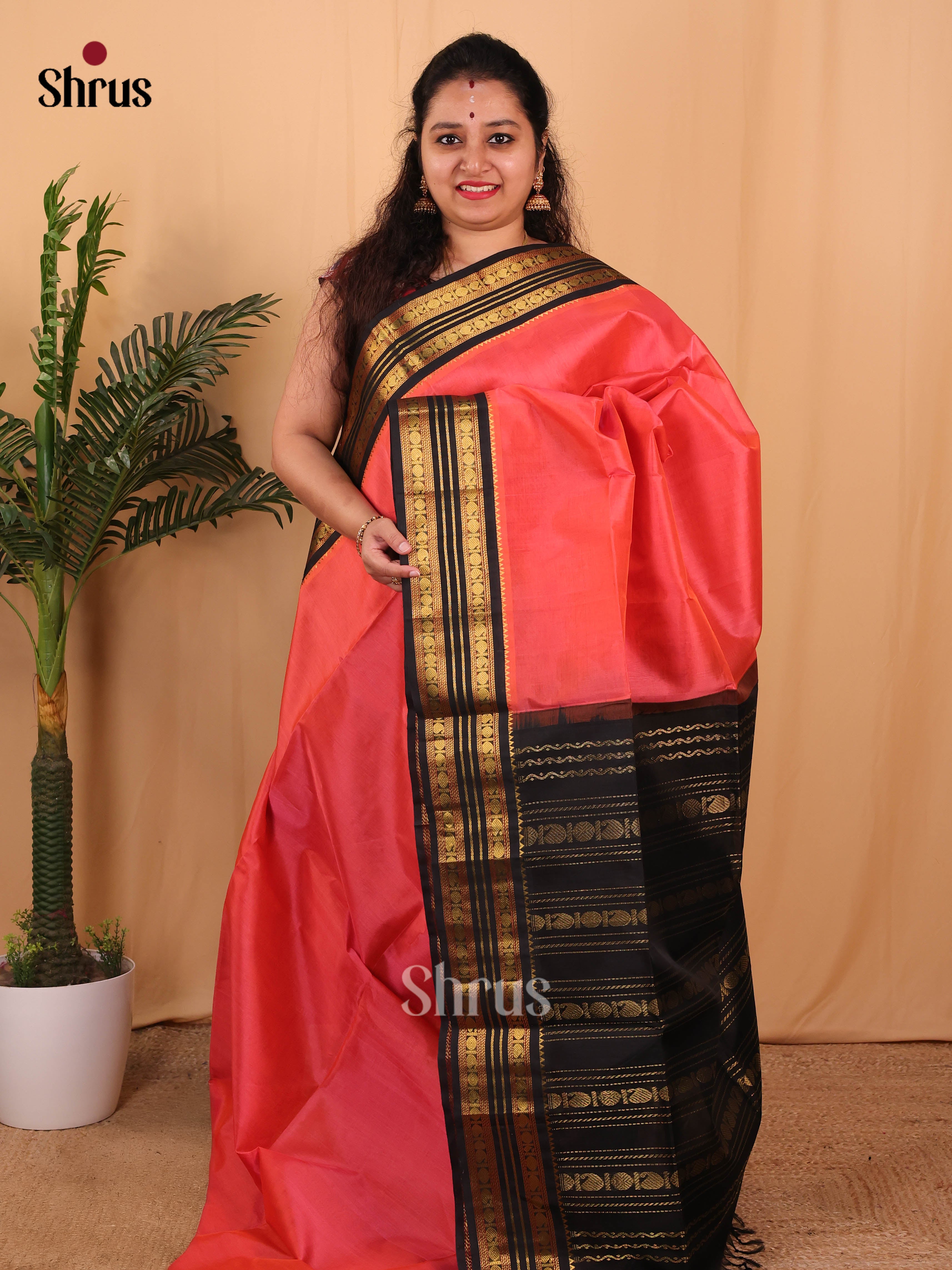 Orangish Pink & Black - Silk Cotton Saree - Shop on Shrus.com