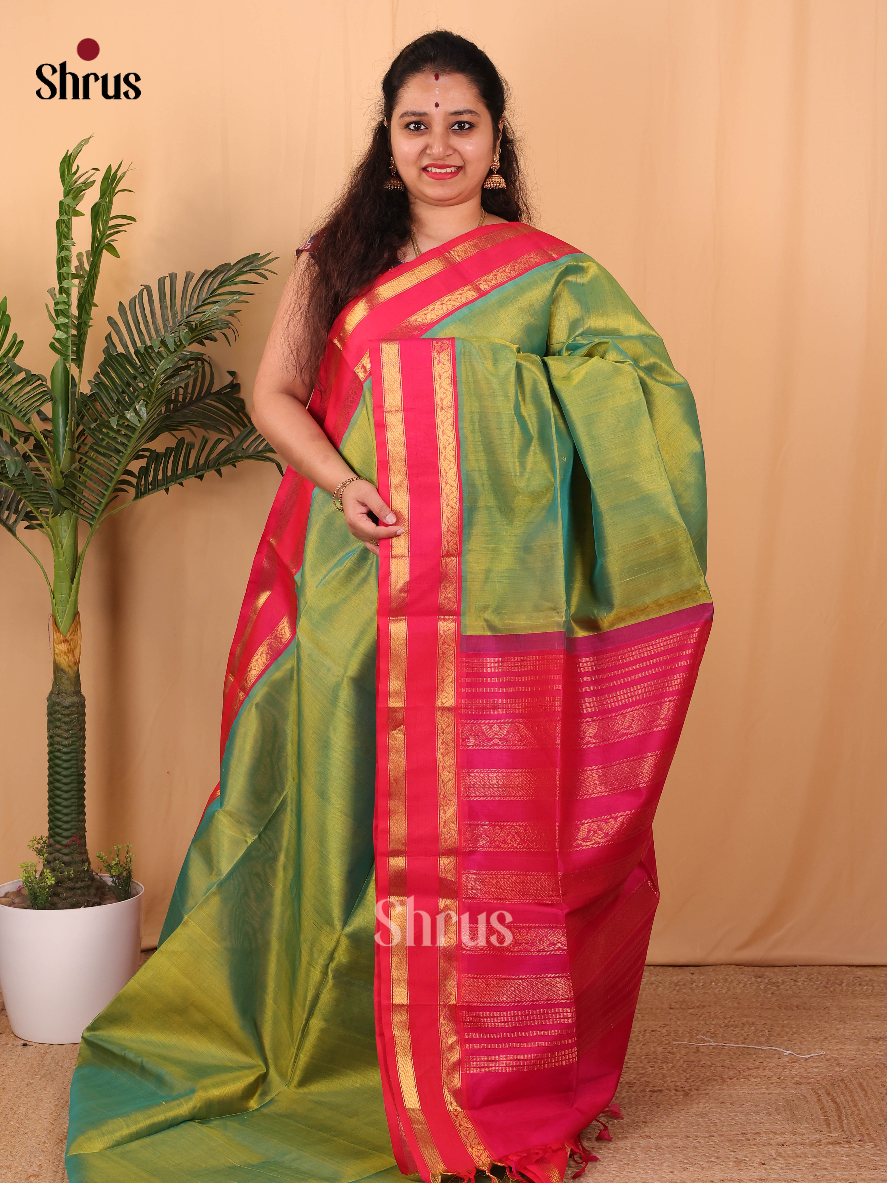 Green & Pink- Silk Cotton Saree - Shop on Shrus.com