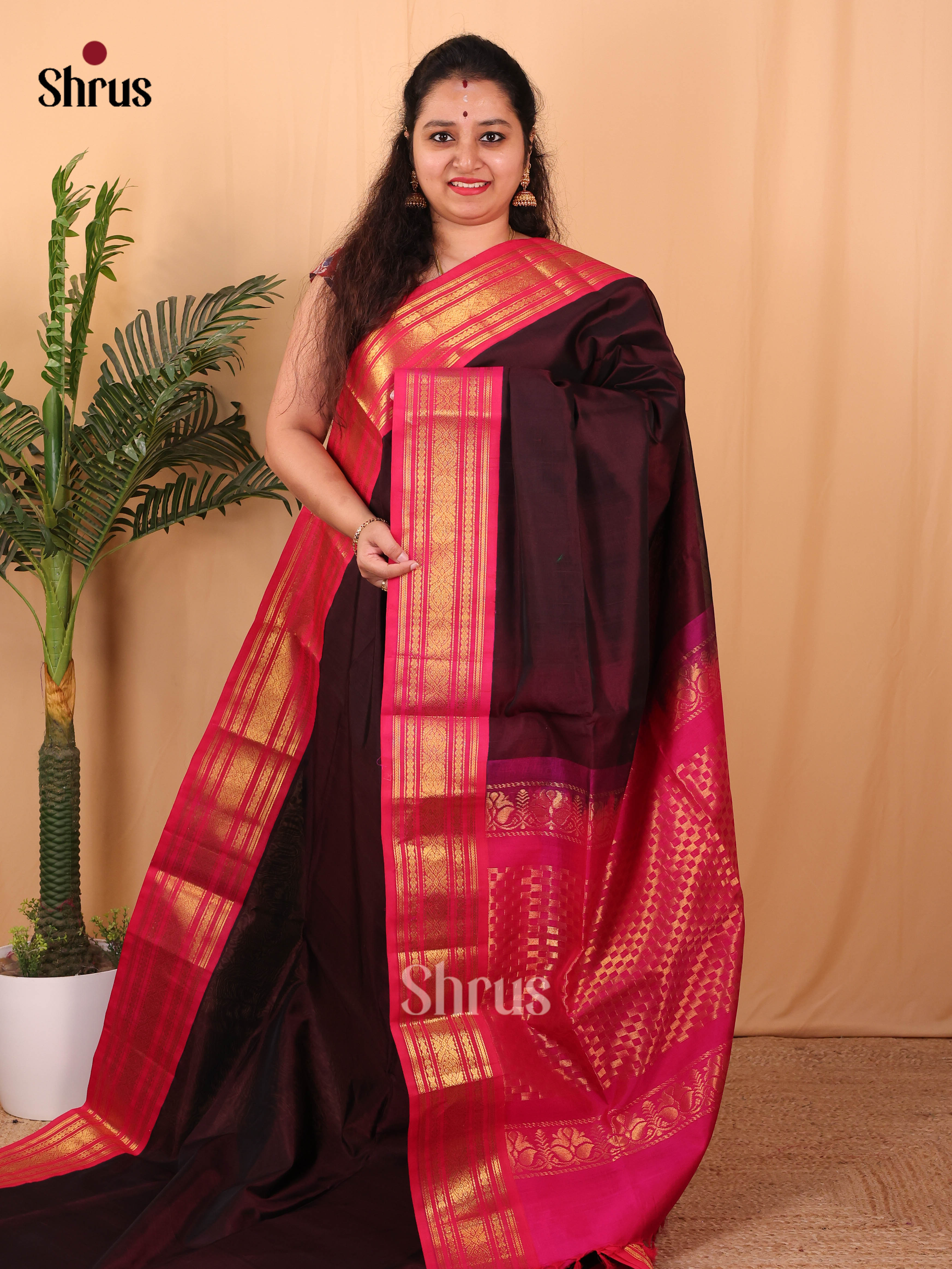 Dark Purple & Pink - Silk Cotton Saree - Shop on Shrus.com