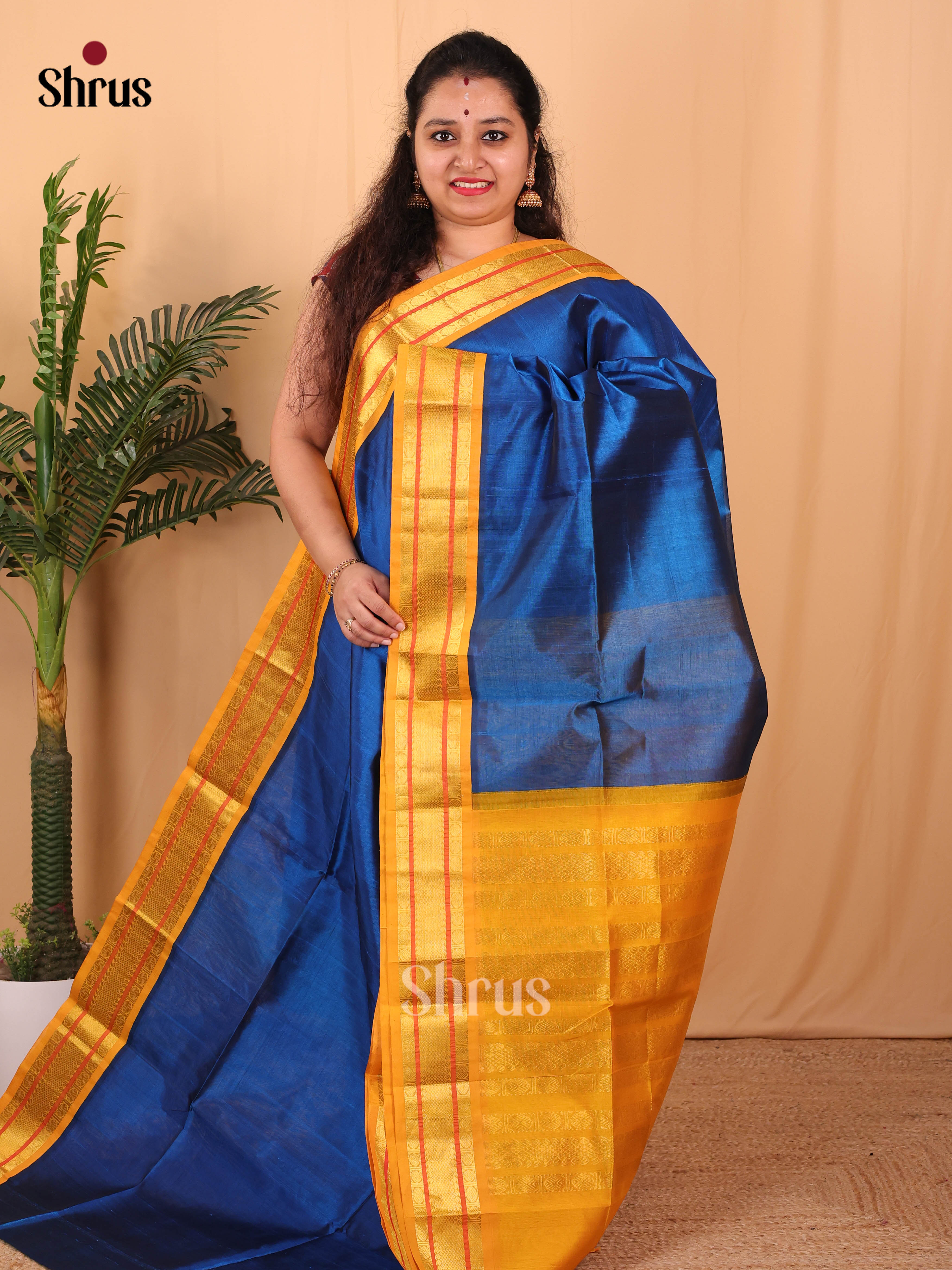 Blue & Yellow - Silk Cotton Saree - Shop on Shrus.com