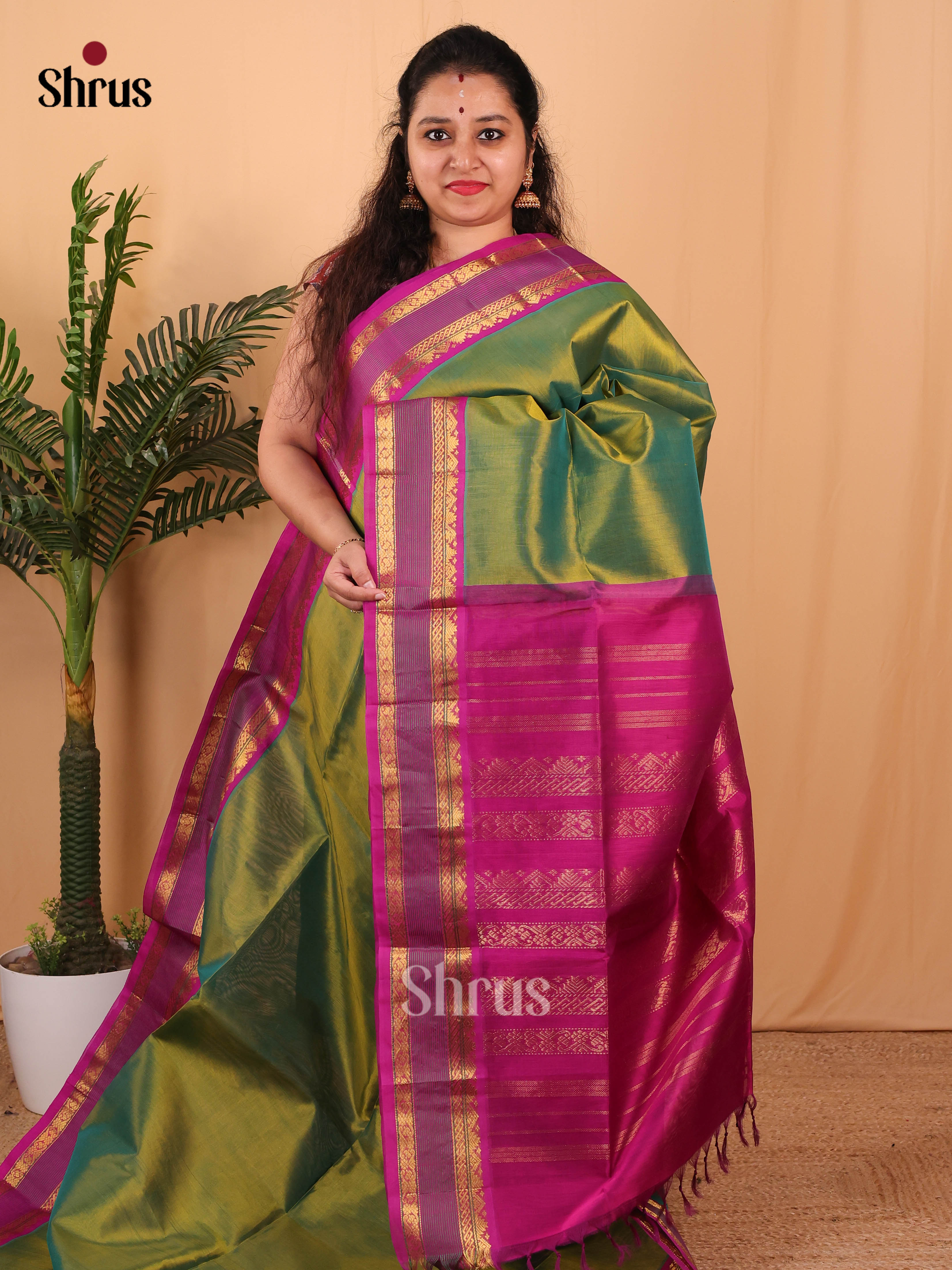 Green & Purple - Silk Cotton Saree - Shop on Shrus.com