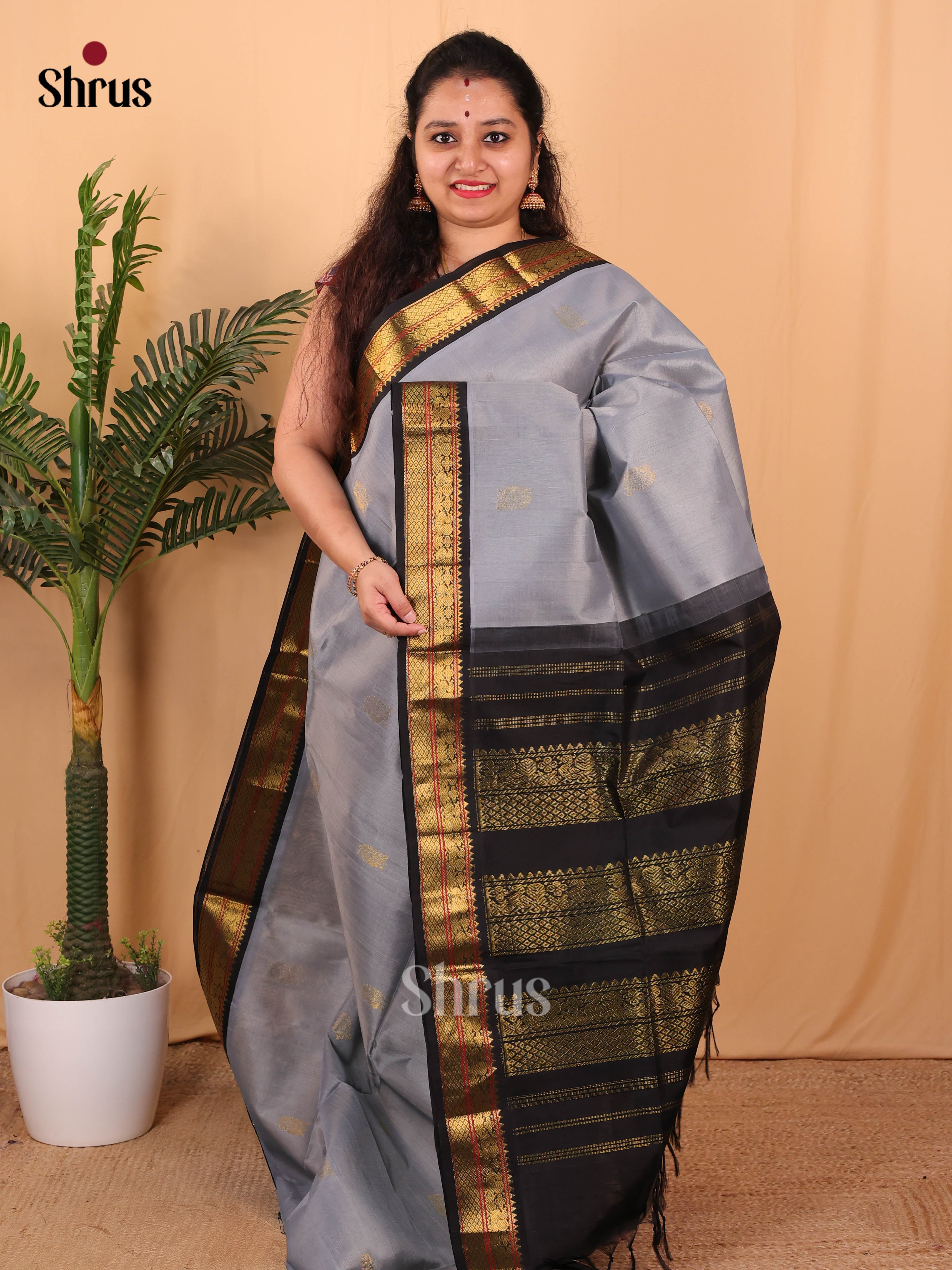 Grey & Black- Silk Cotton Saree - Shop on Shrus.com