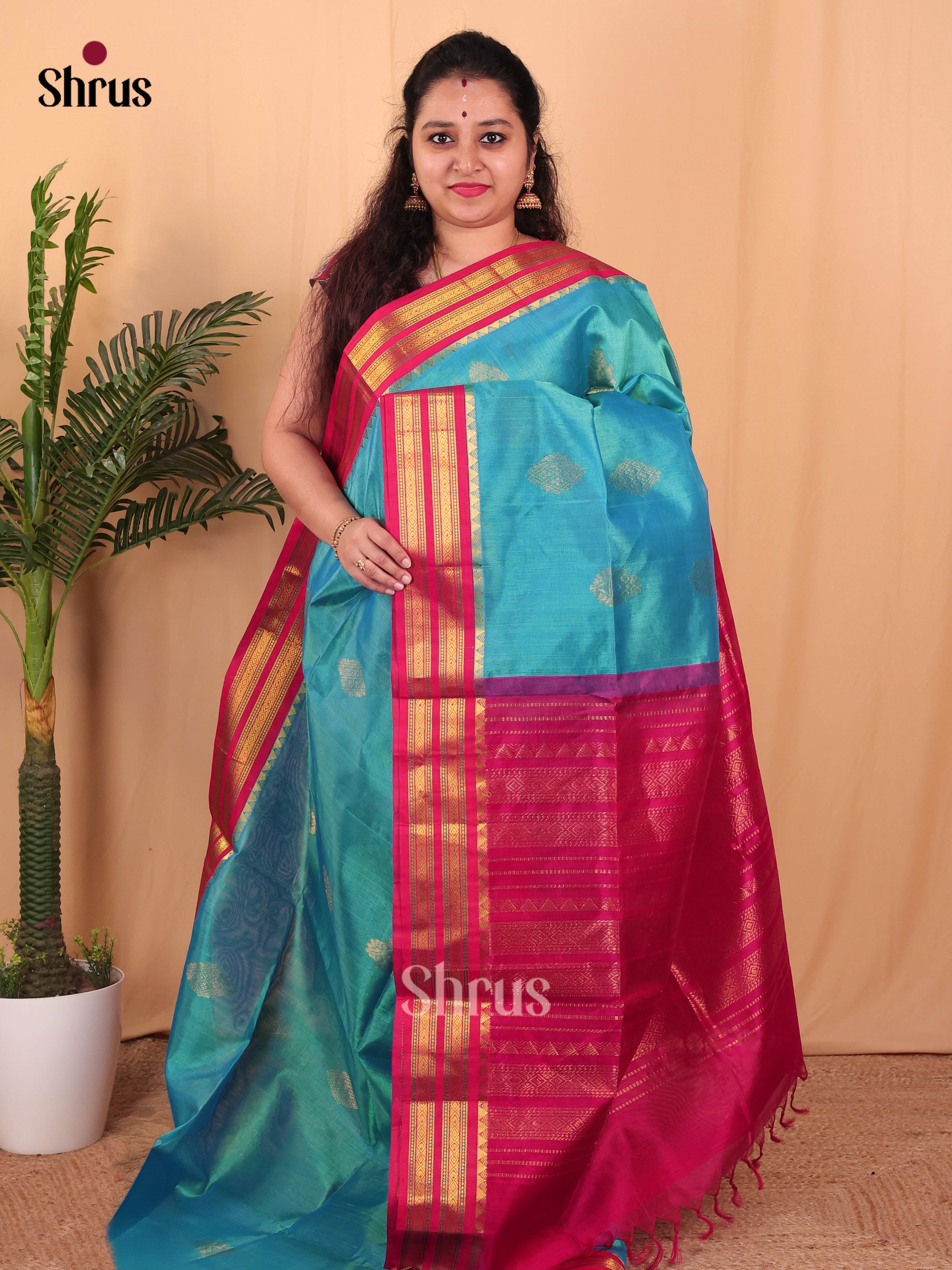 Blue & Pink - Silk Cotton Saree - Shop on Shrus.com
