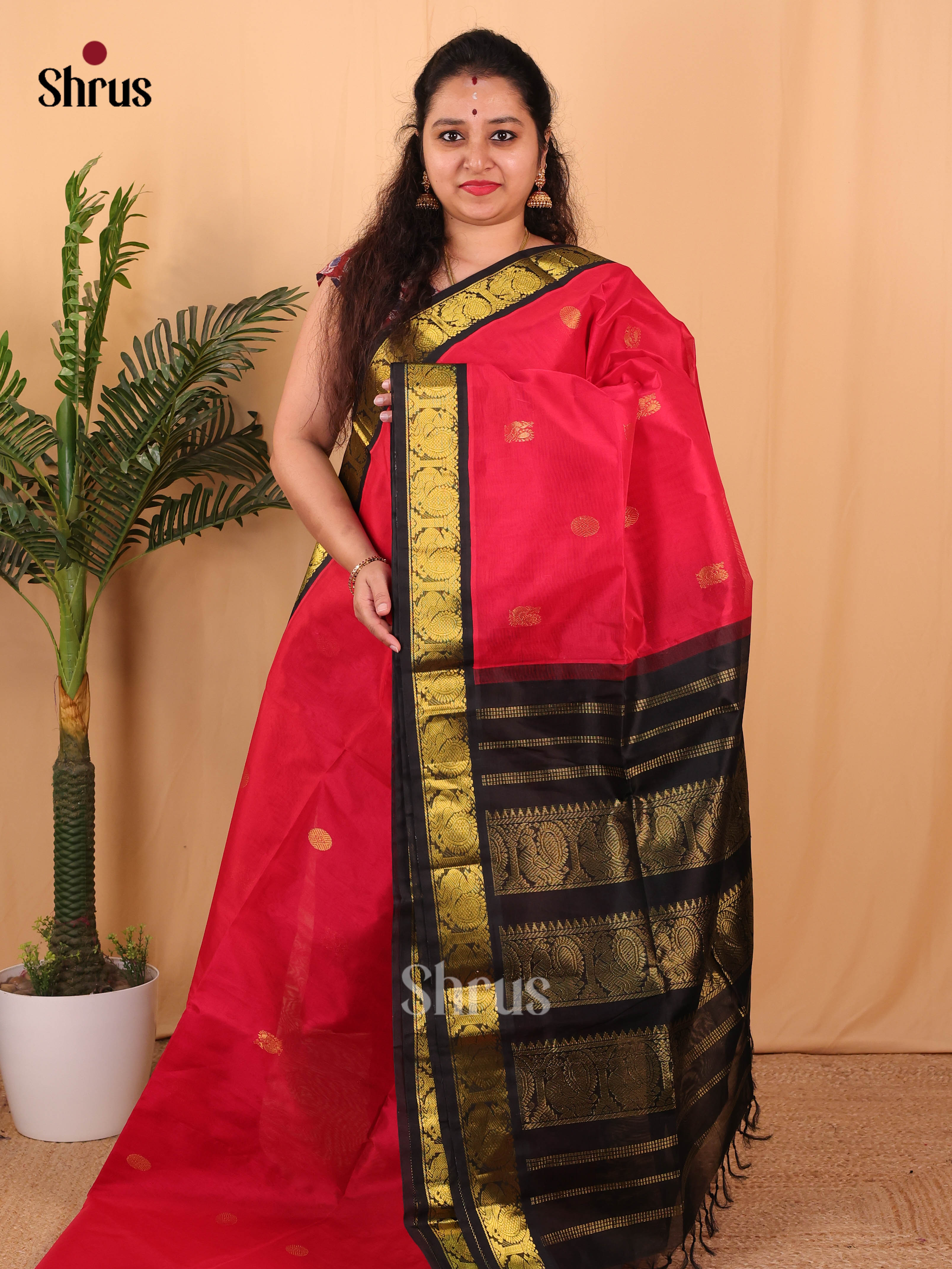Red & Black- Silk Cotton Saree - Shop on Shrus.com