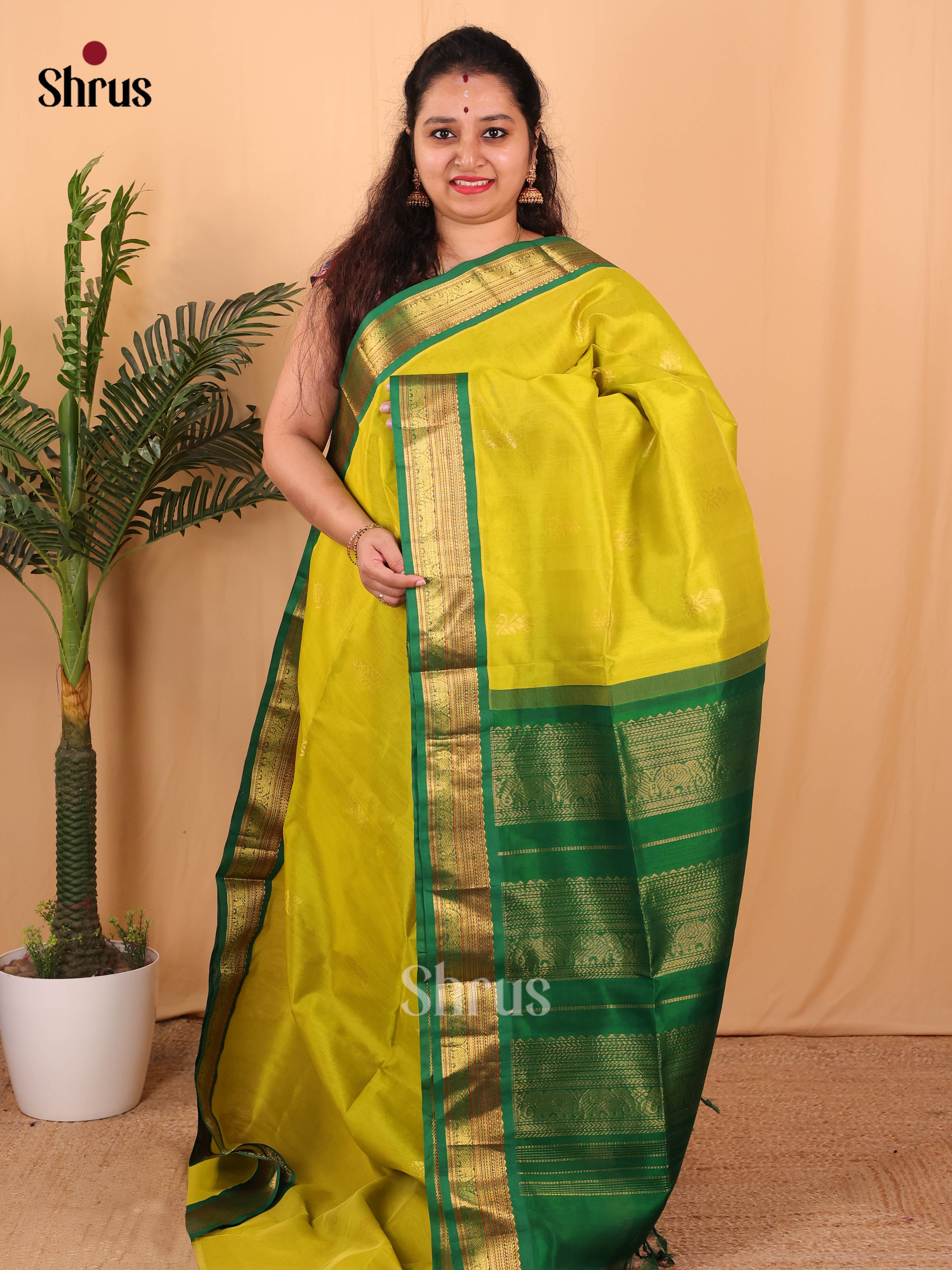 Lime Green & Green - Silk Cotton Saree - Shop on Shrus.com