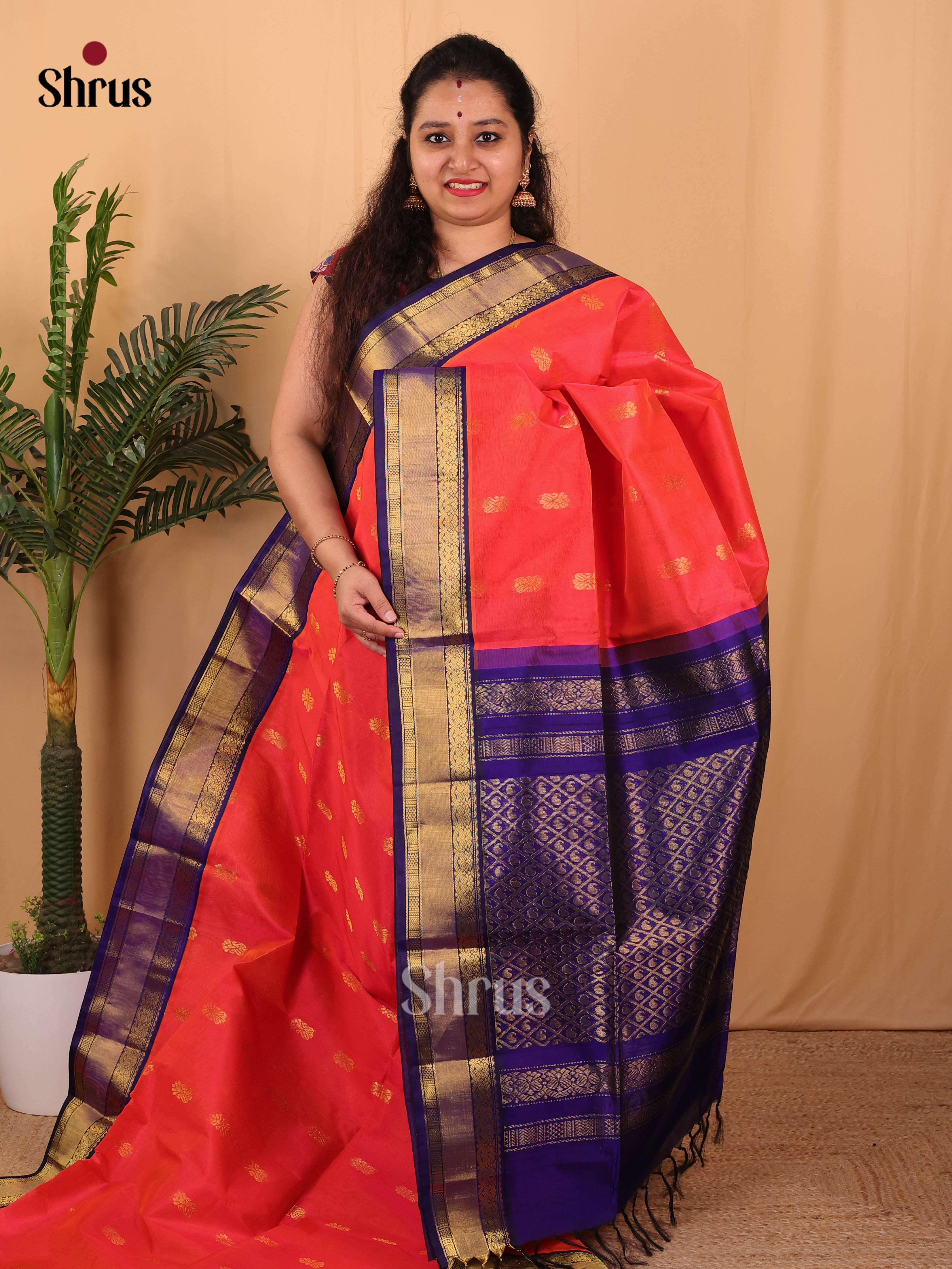 Red & Blue - Silk Cotton Saree - Shop on Shrus.com
